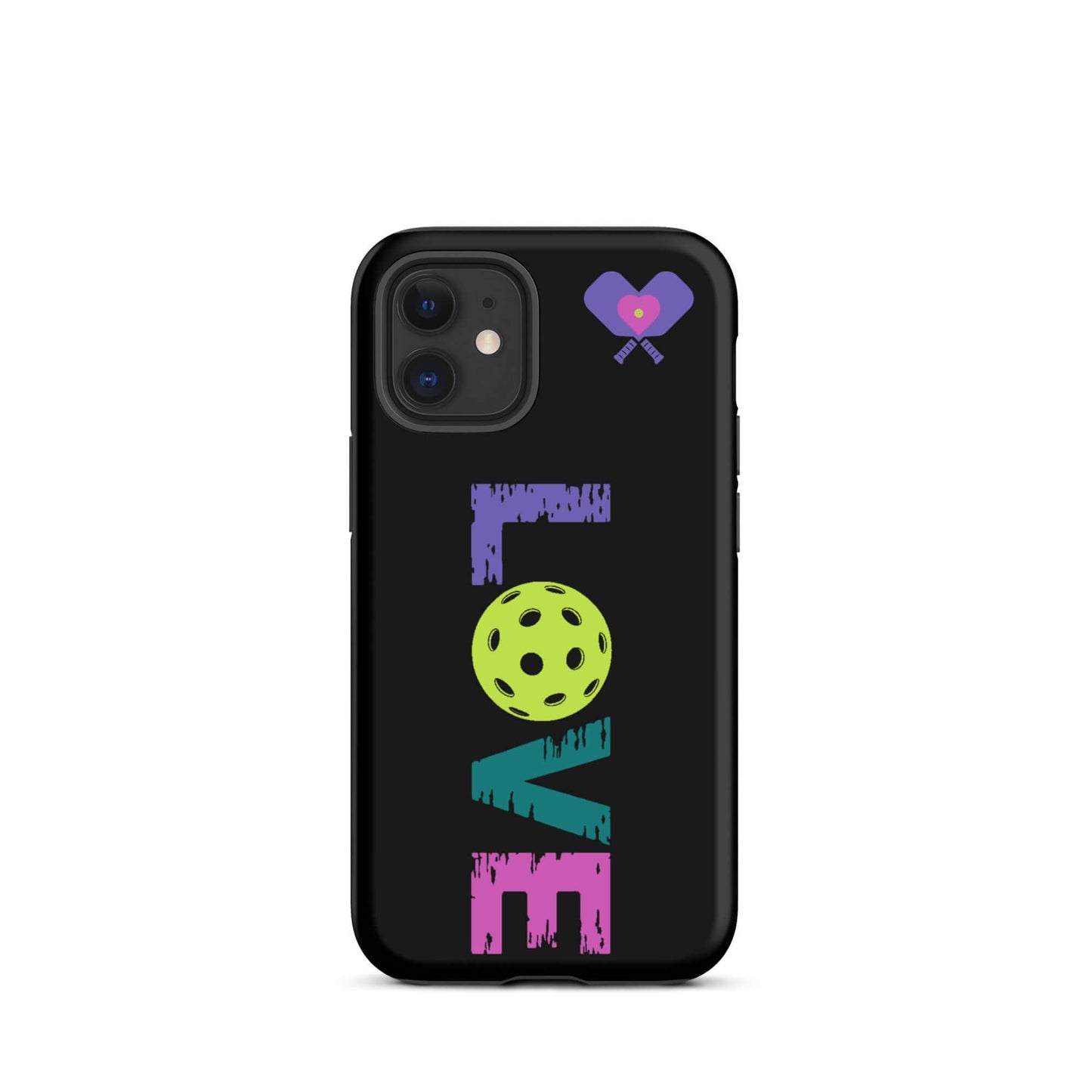 LOVE Pickleball Tough Case for iPhone® in black with colorful letters and a pickleball graphic.