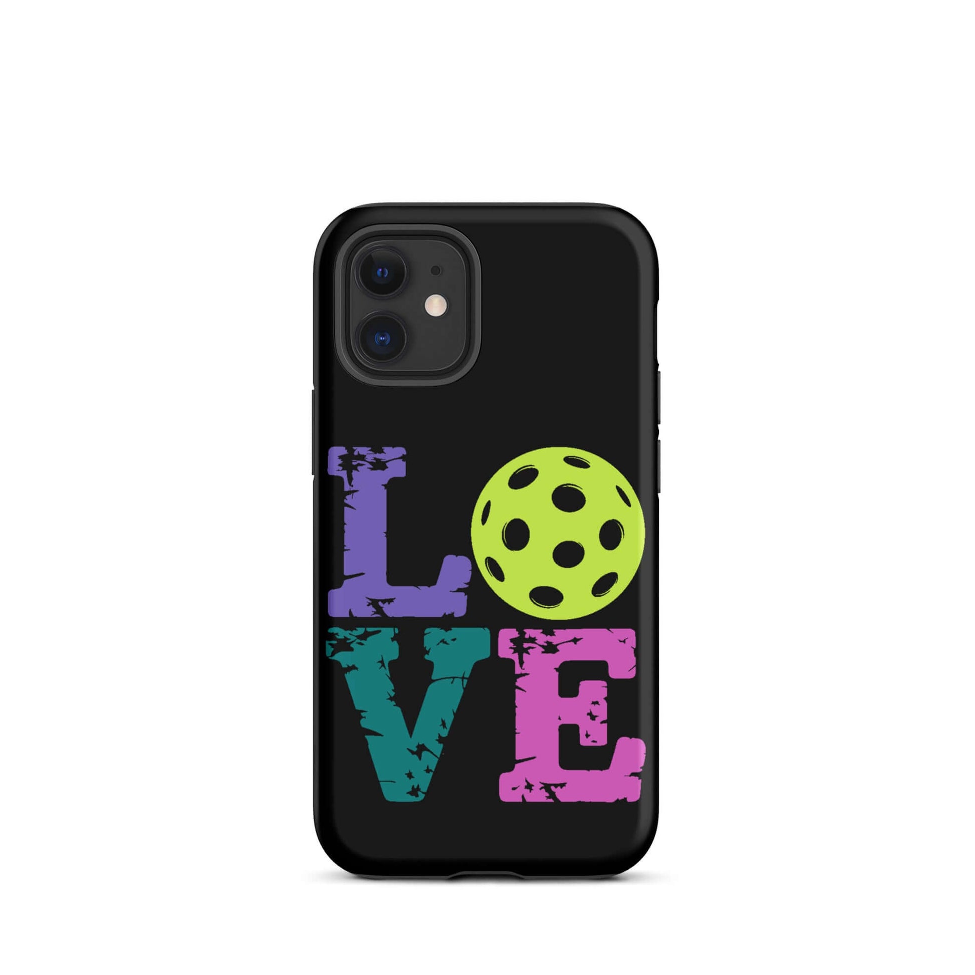 LOVE Pickleball Tough Case for iPhone® with vibrant letters and pickleball graphic, perfect for enthusiasts.