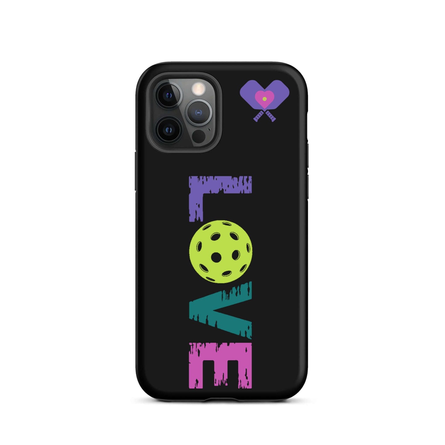 LOVE Pickleball Tough Case for iPhone® featuring vibrant colors and a pickleball graphic on a sleek black background.