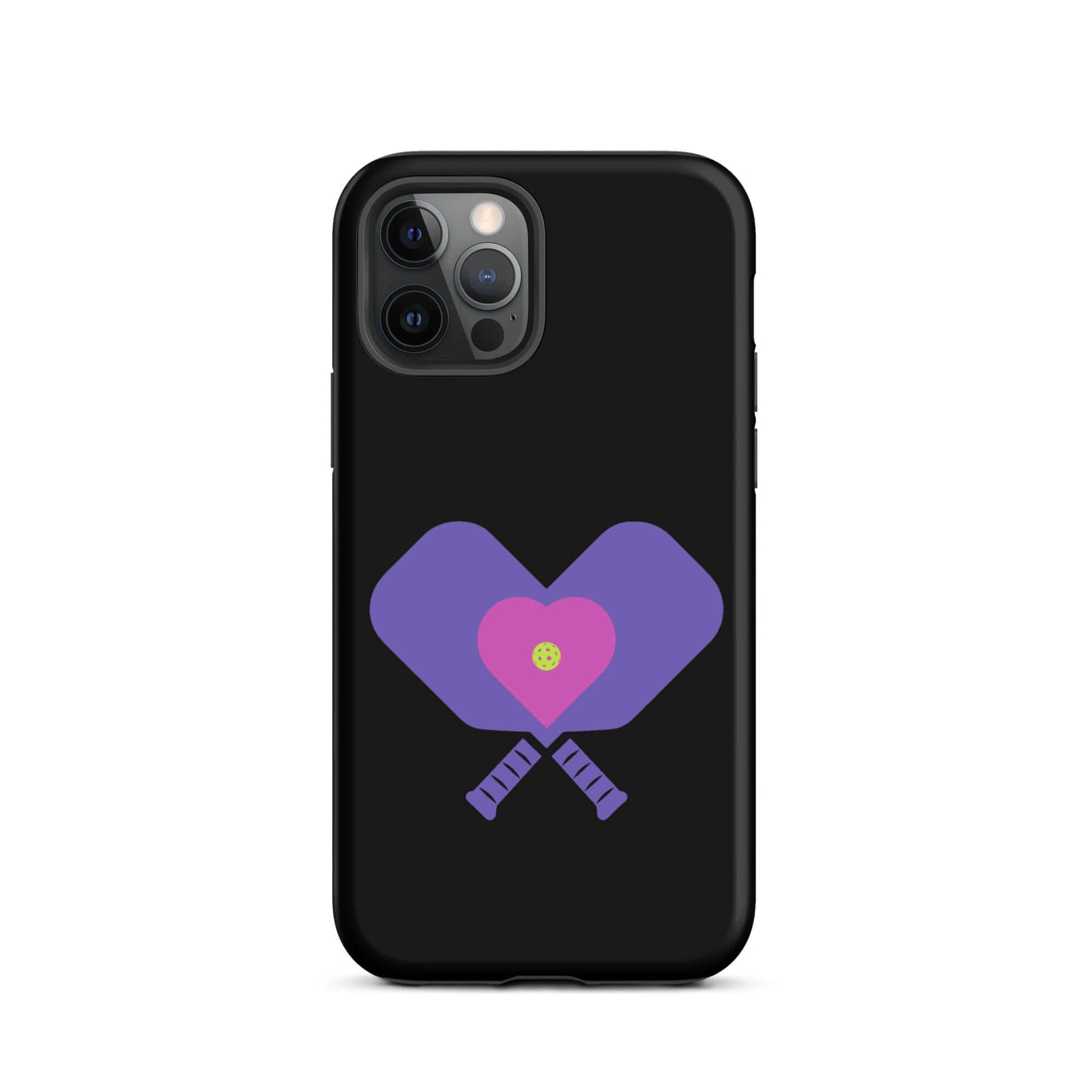 LOVE Pickleball Tough Case for iPhone® featuring heart-shaped paddles design on a black background.