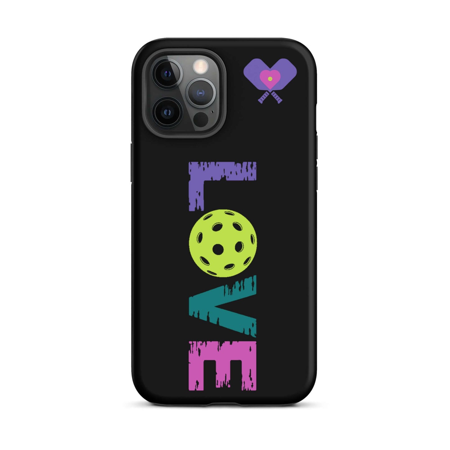 LOVE Pickleball Tough Case for iPhone® featuring vibrant colors and a pickleball graphic on a black background.