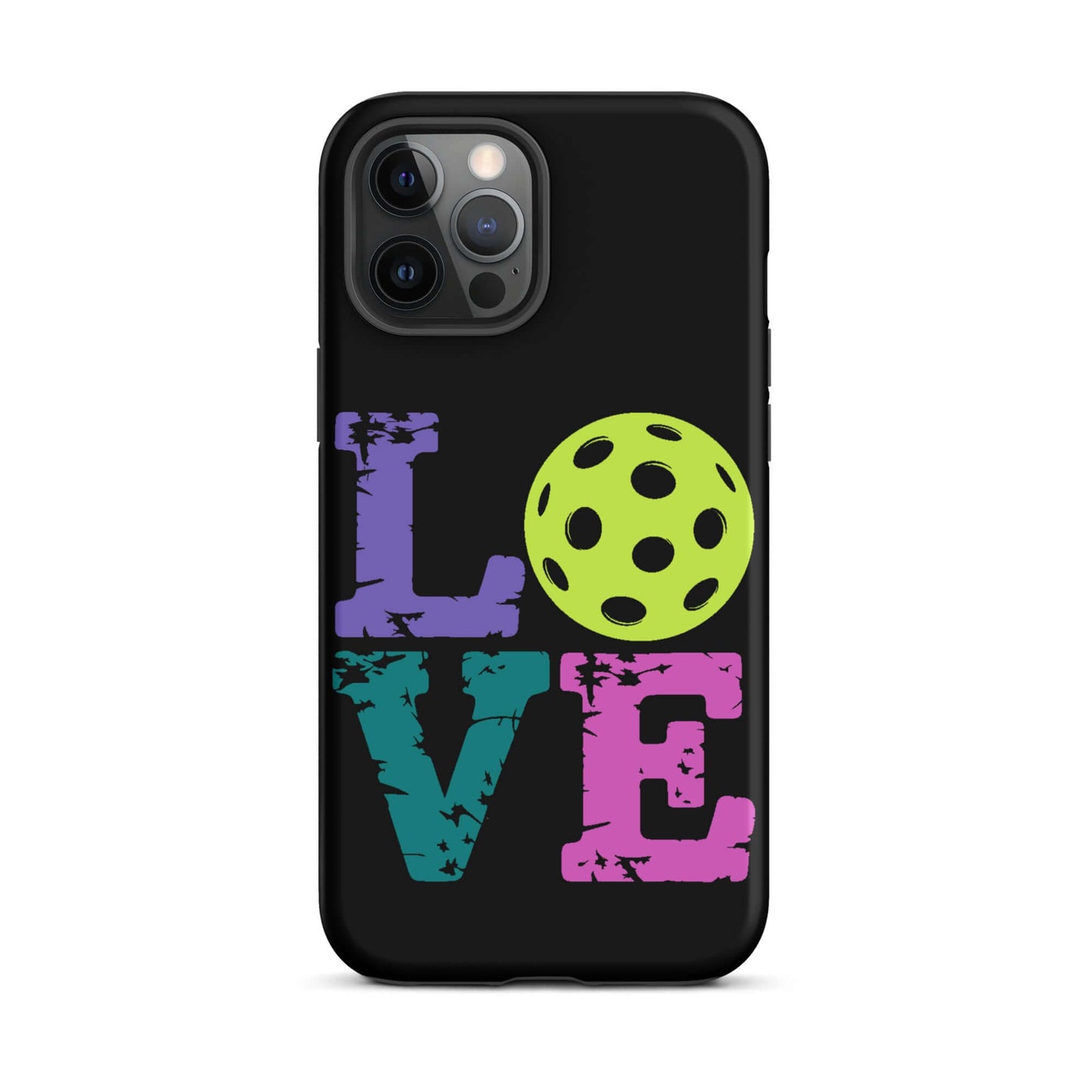 LOVE Pickleball Tough Case for iPhone® featuring colorful text and round ball design, ideal for pickleball enthusiasts.