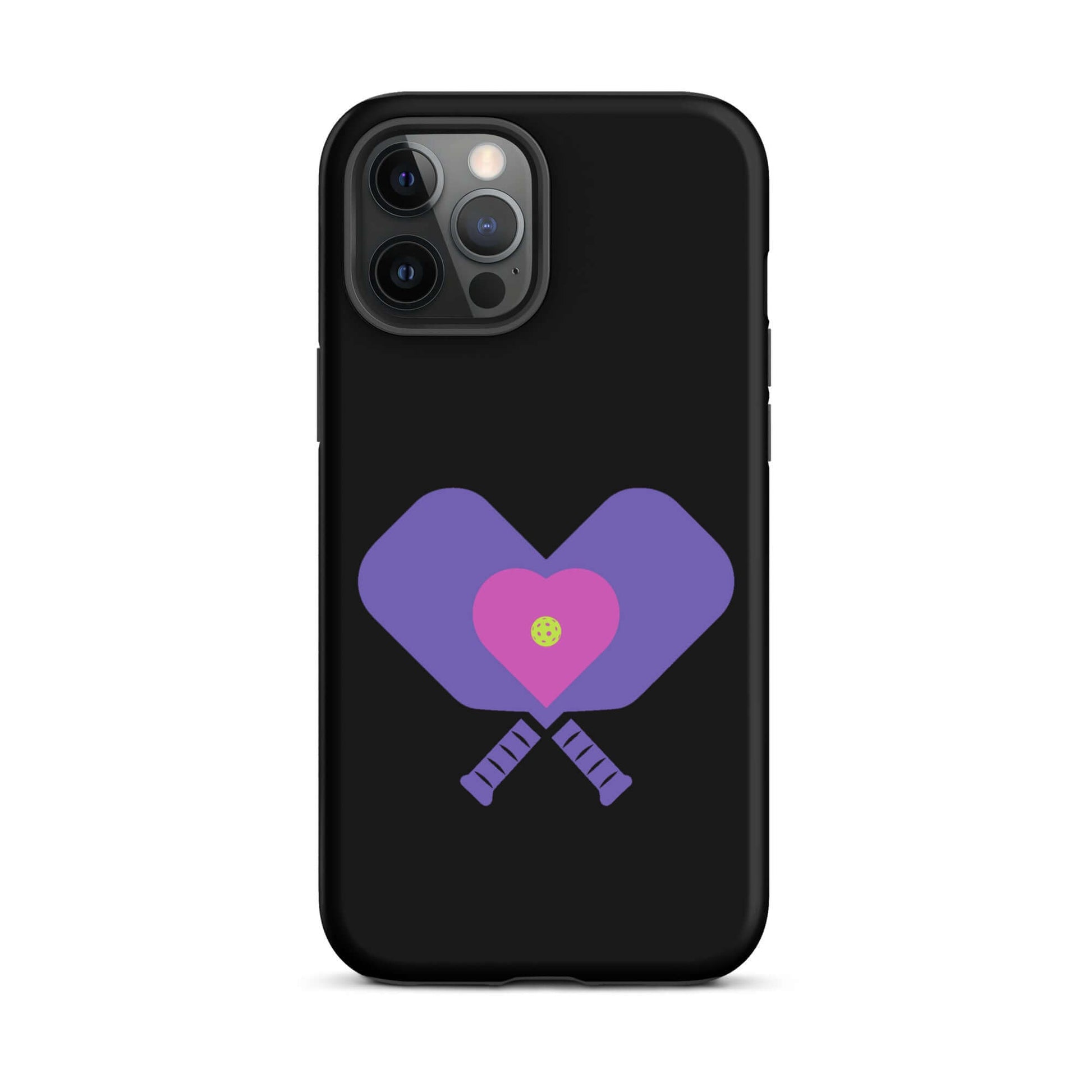 LOVE Pickleball Tough Case for iPhone® featuring heart-shaped paddles on a black background.