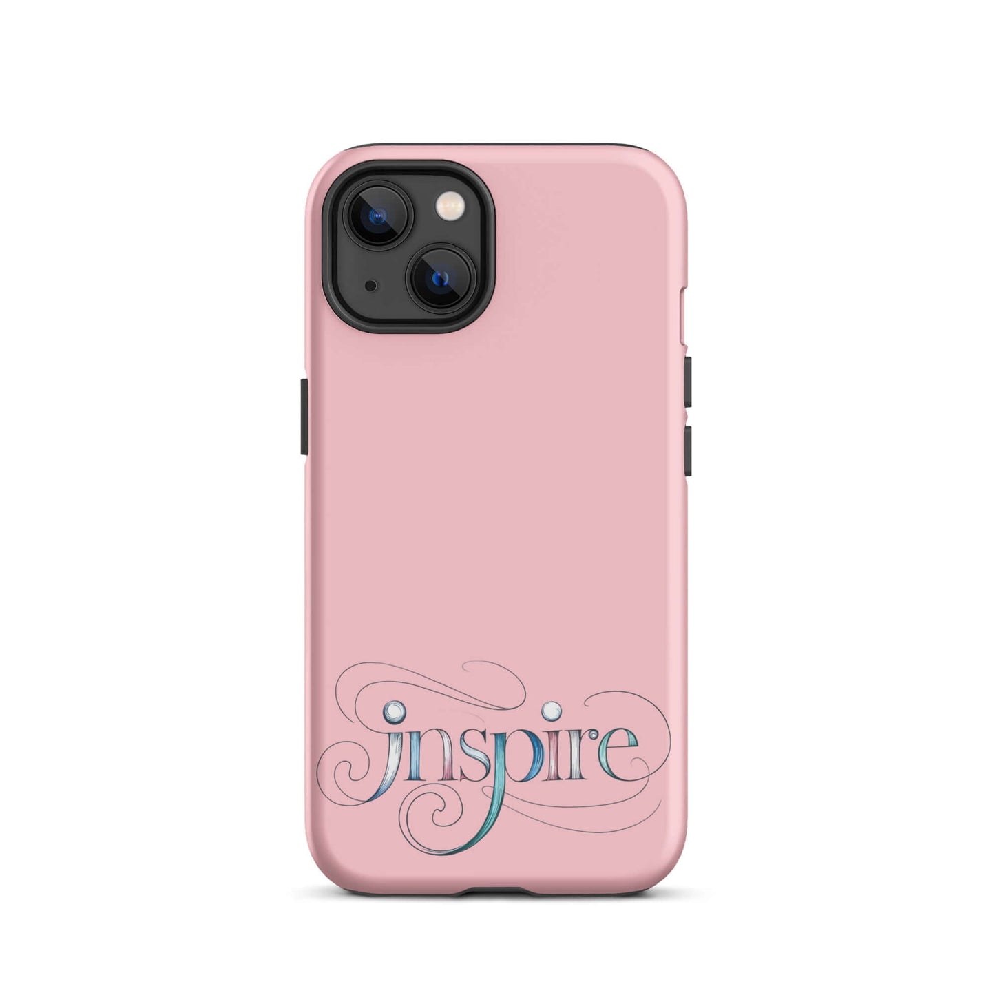 Inspire Sketch Tough Case for iPhone® in pink featuring elegant word art design with artistic swirls.