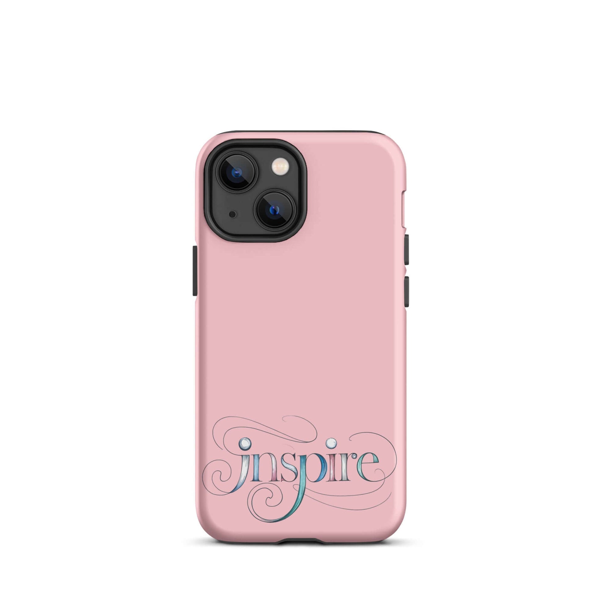 Inspire Sketch Tough Case for iPhone® in pink with elegant word art design and intricate swirls.