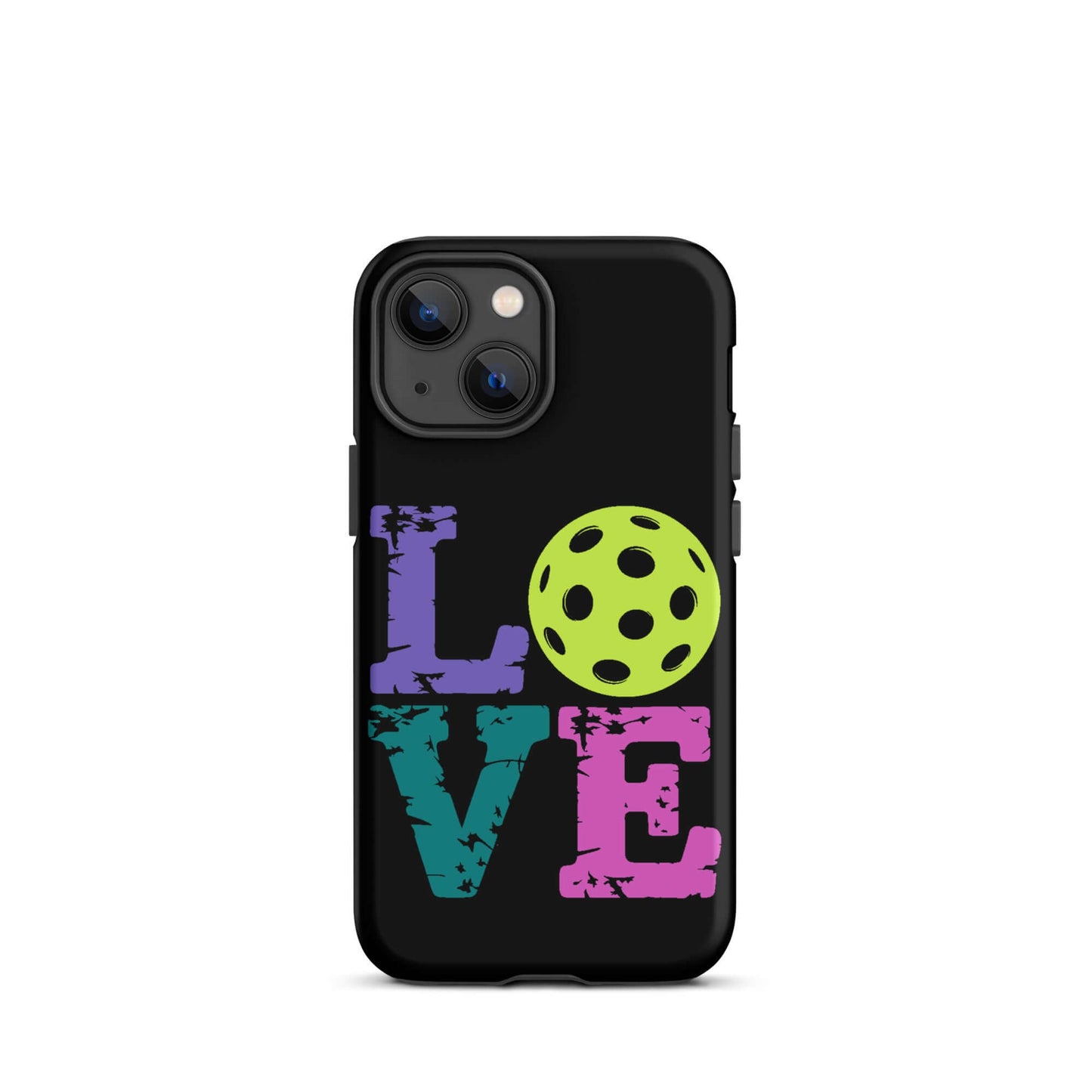 LOVE Pickleball Tough Case for iPhone® featuring colorful text and a pickleball design on a black background.