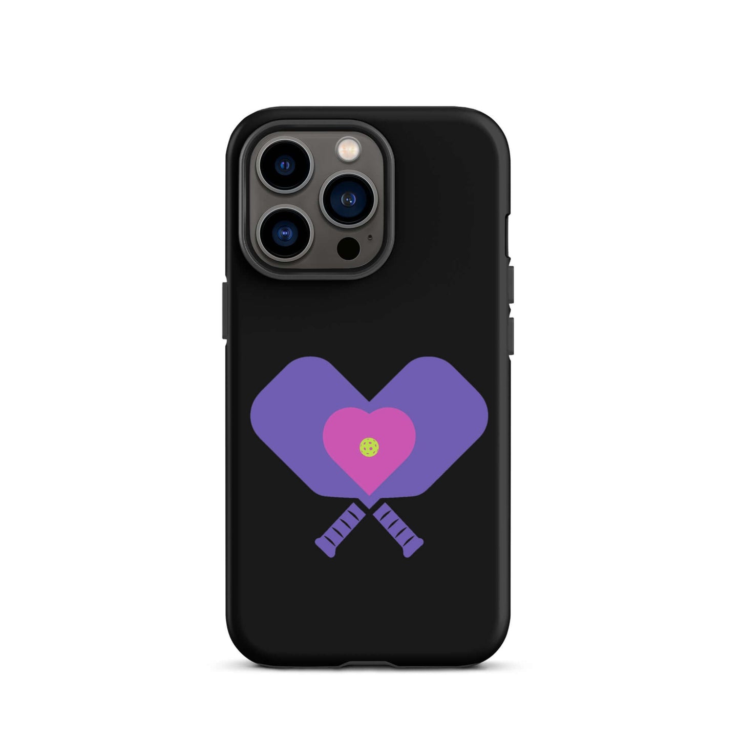 LOVE Pickleball Tough Case for iPhone® featuring heart-shaped paddles design on black background.