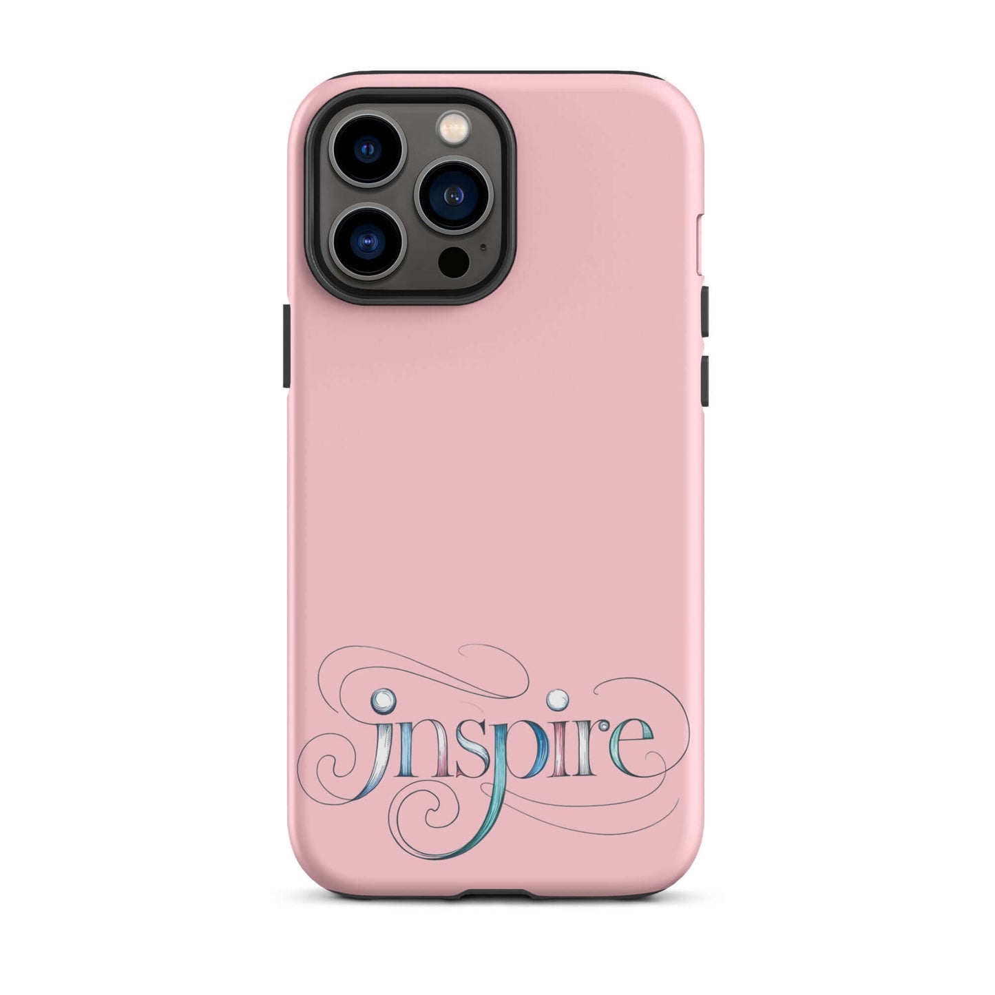 Inspire Sketch Tough Case for iPhone® with artistic word art design in pink, featuring elegant swirls.