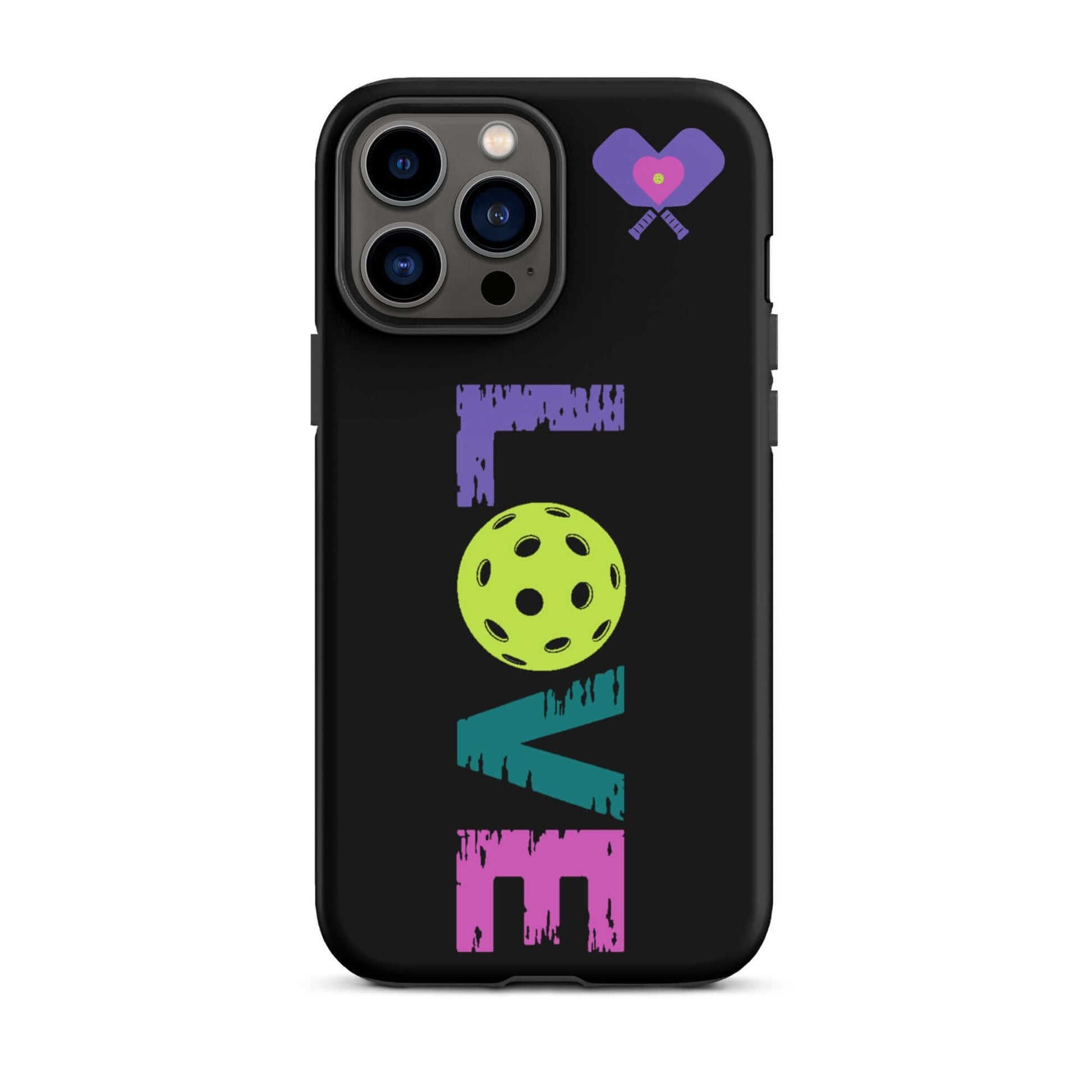 LOVE pickleball tough case for iPhone® featuring colorful design with heart and pickleball graphics.