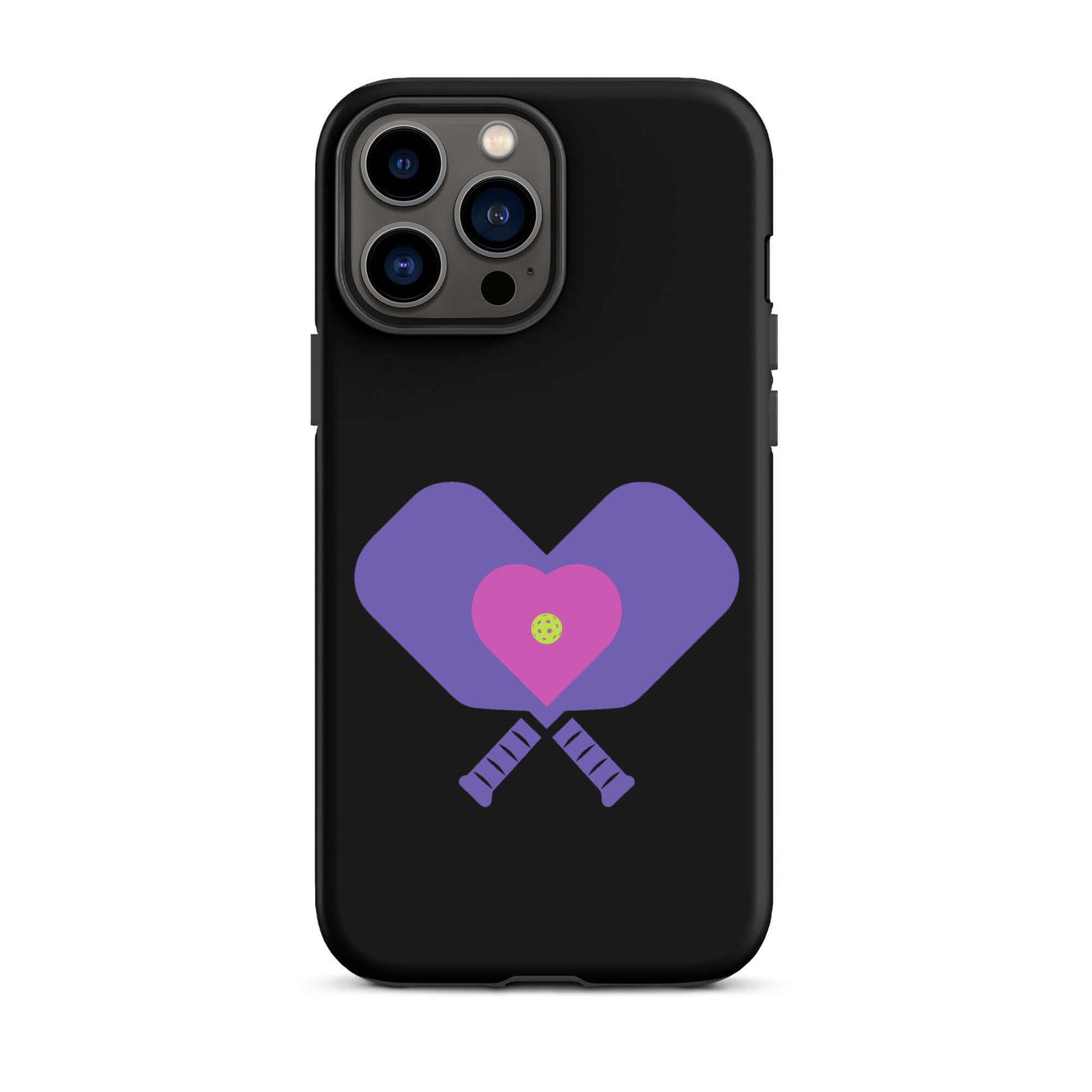 LOVE Pickleball Tough Case for iPhone® featuring vibrant pickleball paddles in heart shape design.