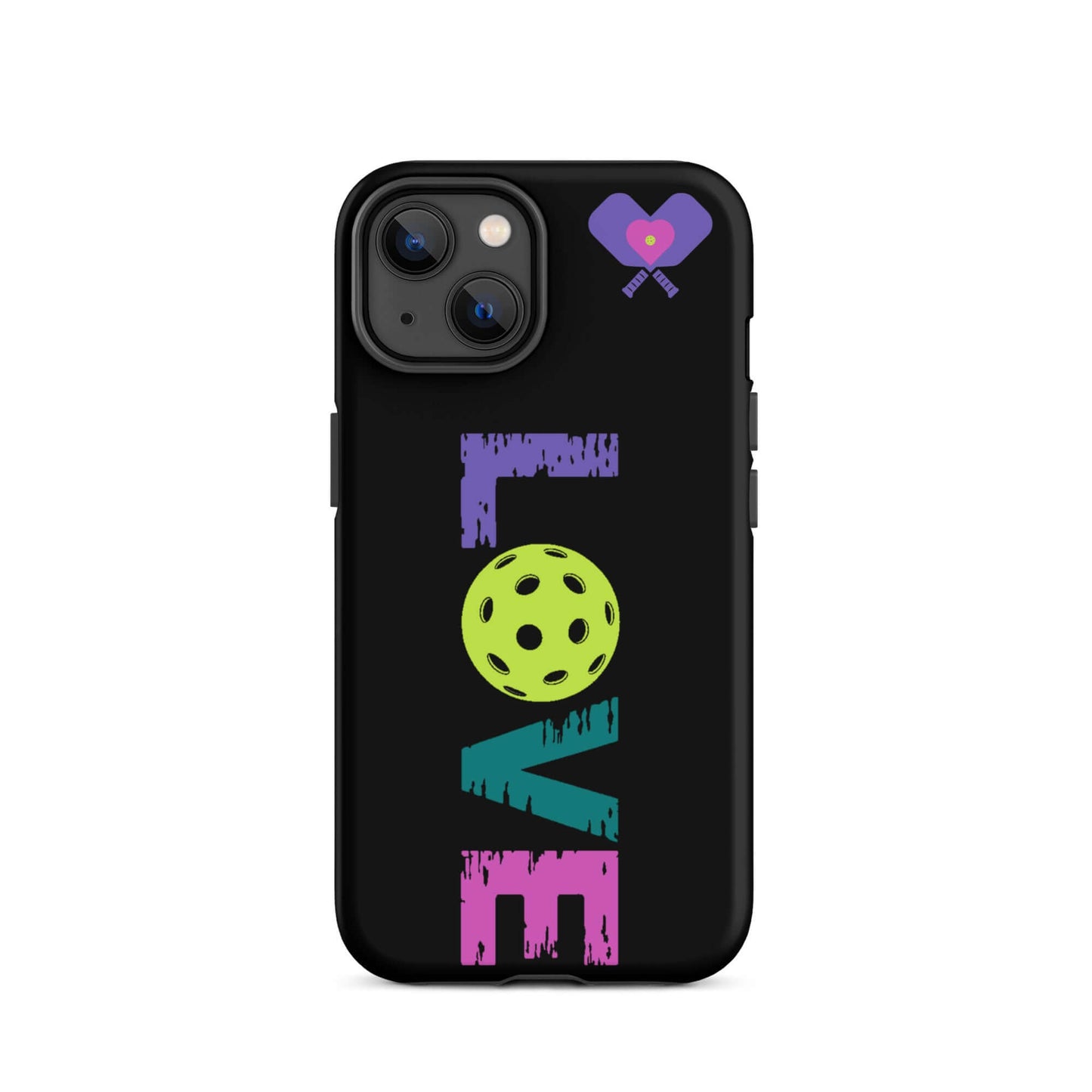 LOVE Pickleball Tough Case for iPhone® featuring vibrant letters and pickleball graphic design.