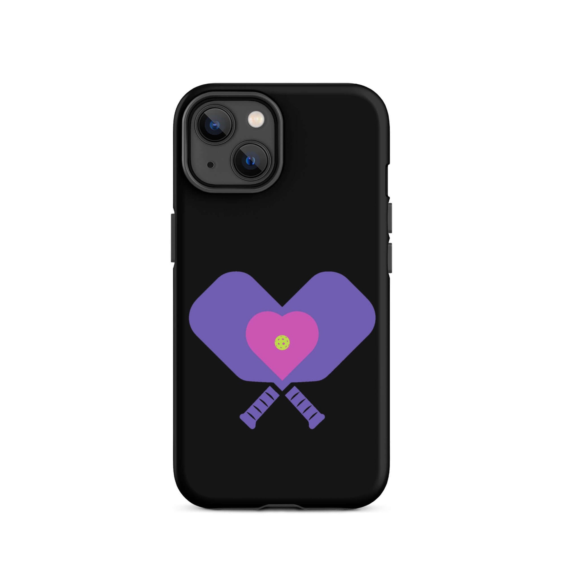 LOVE Pickleball Tough Case for iPhone® with heart design and paddles, perfect for pickleball enthusiasts.