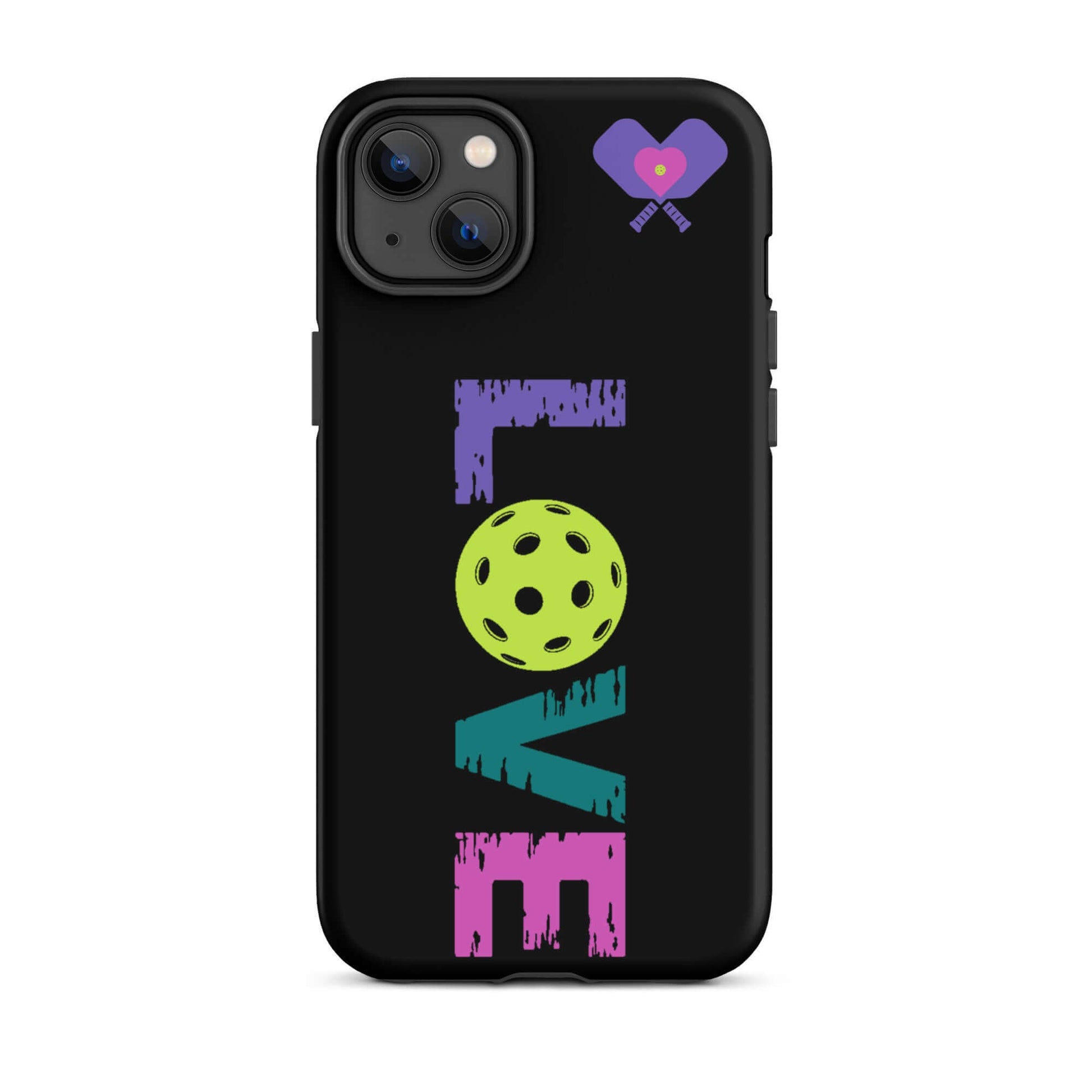 LOVE Pickleball Tough Case for iPhone, colorful design with pickleball graphic, perfect for fans and players.