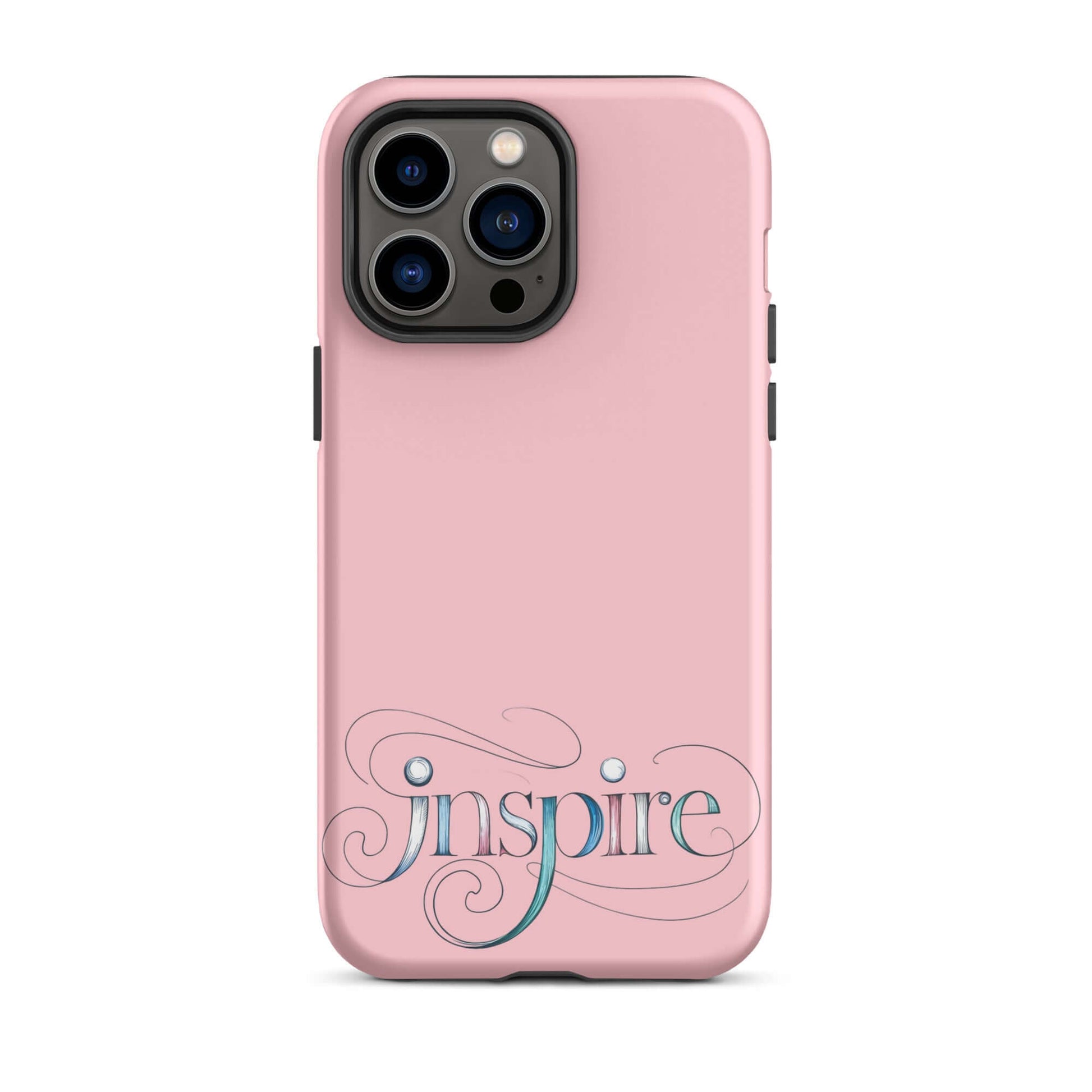 Inspire Sketch Tough Case for iPhone® in pink with elegant word art design featuring intricate swirls.