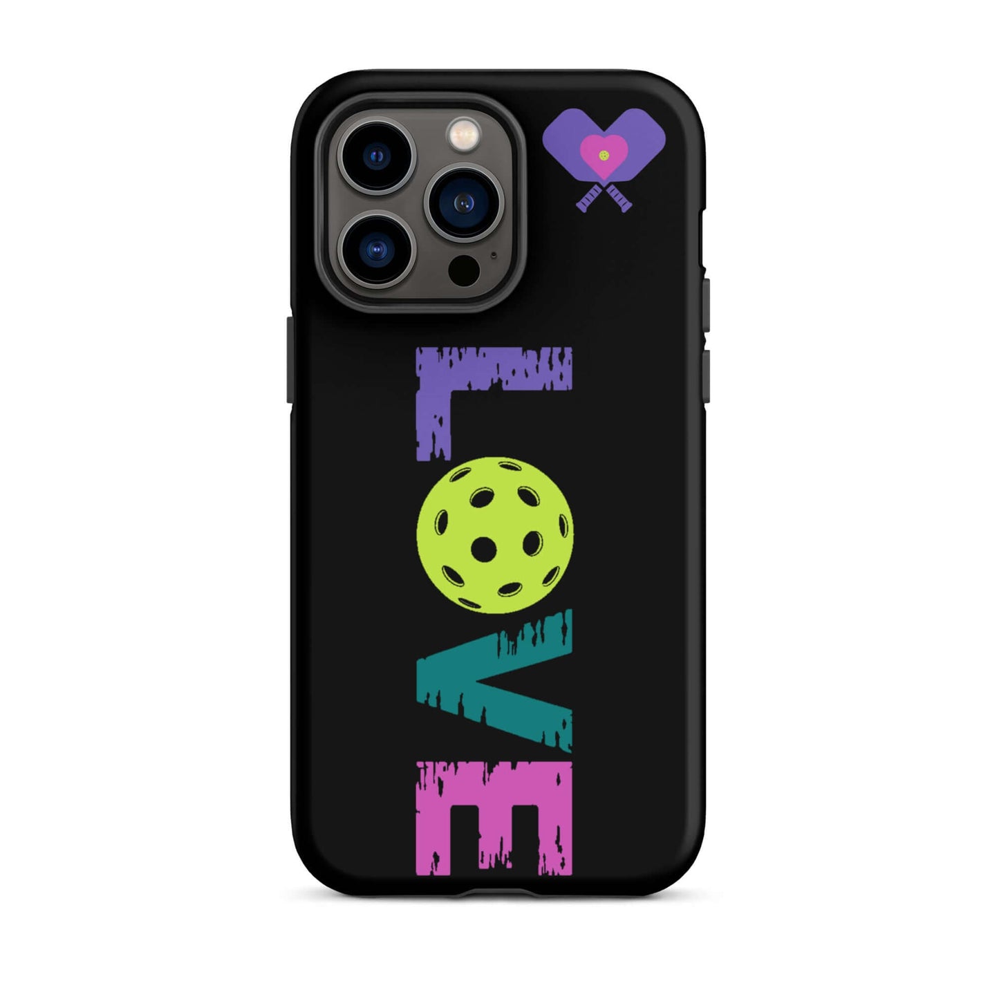 LOVE Pickleball Tough Case for iPhone® featuring colorful text and graphic design, perfect for fans and players.