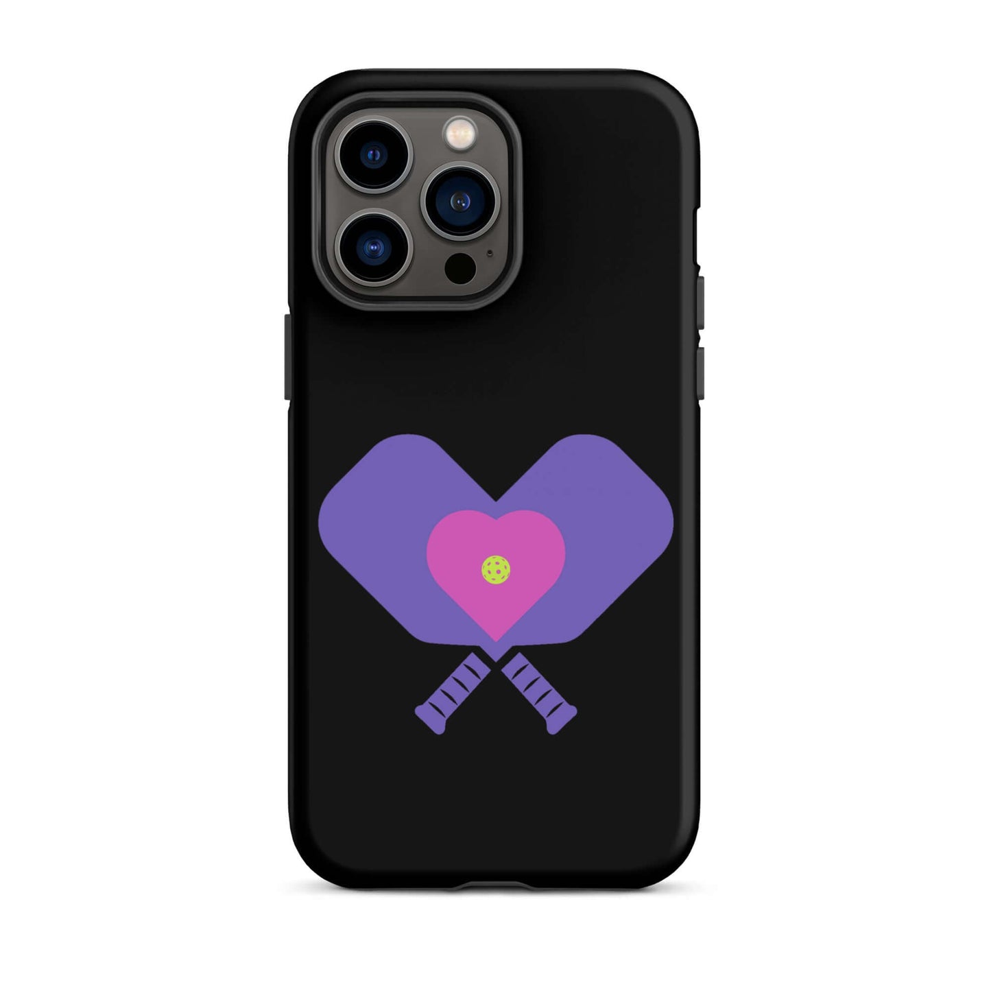 LOVE Pickleball Tough Case for iPhone® featuring heart-shaped paddles on a black background.