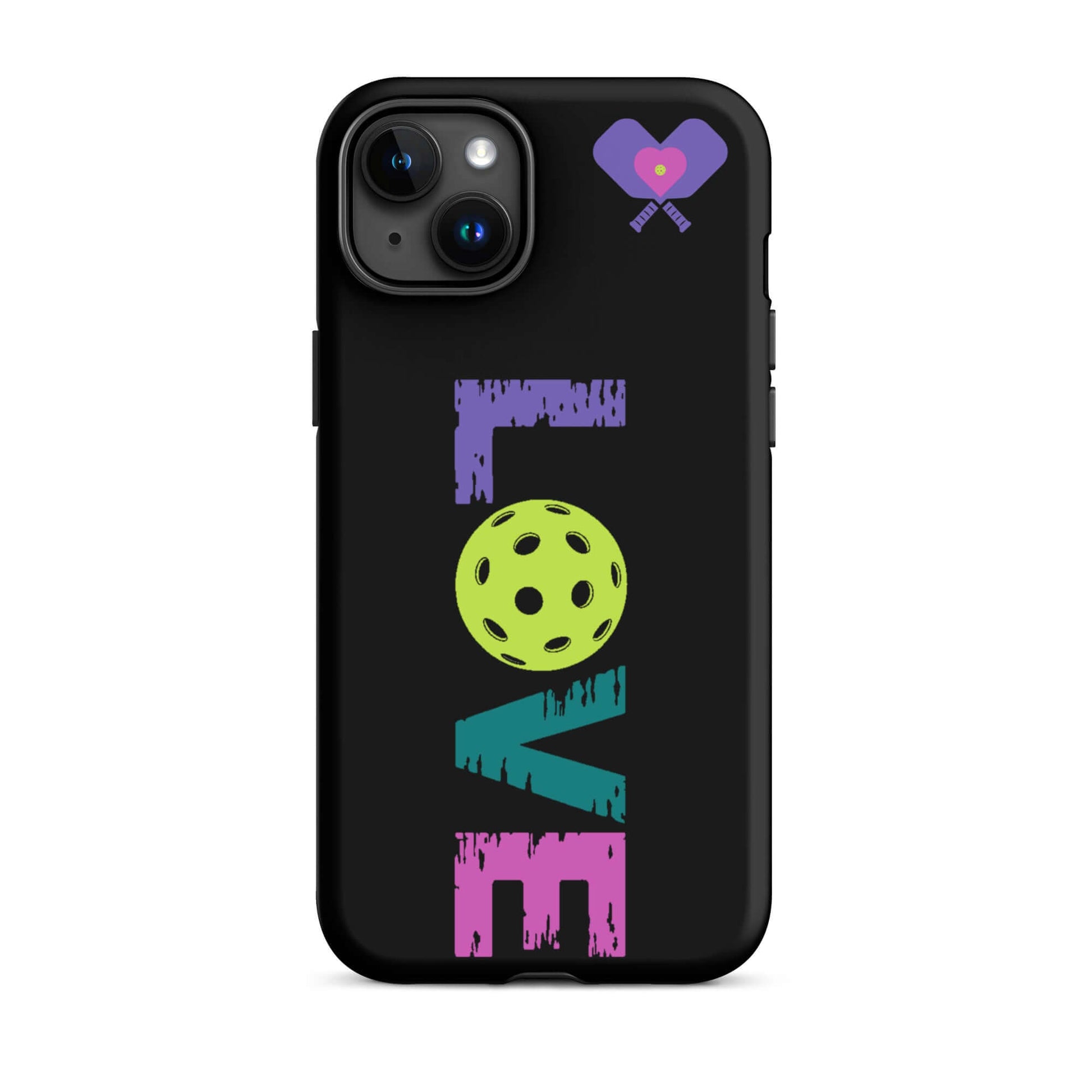 LOVE Pickleball Tough Case for iPhone® featuring colorful text and pickleball design on a sleek black background.