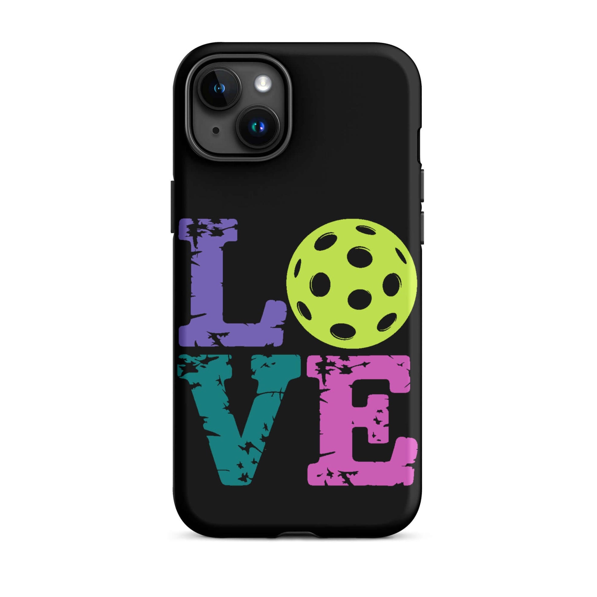 LOVE Pickleball Tough Case for iPhone® featuring vibrant colors and a pickleball design, perfect for enthusiasts.