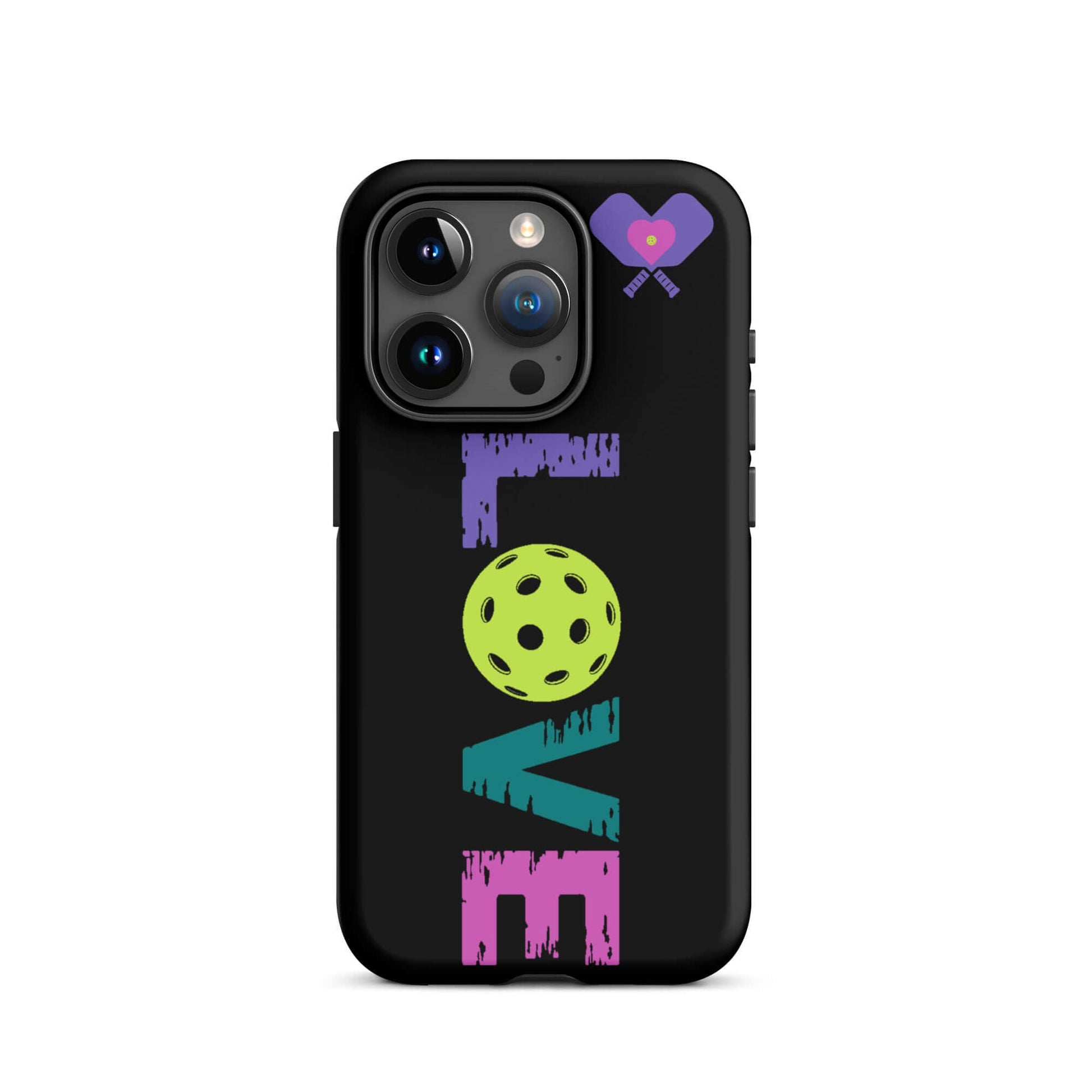 LOVE Pickleball Tough Case for iPhone® featuring a colorful design with a pickleball and heart graphics.