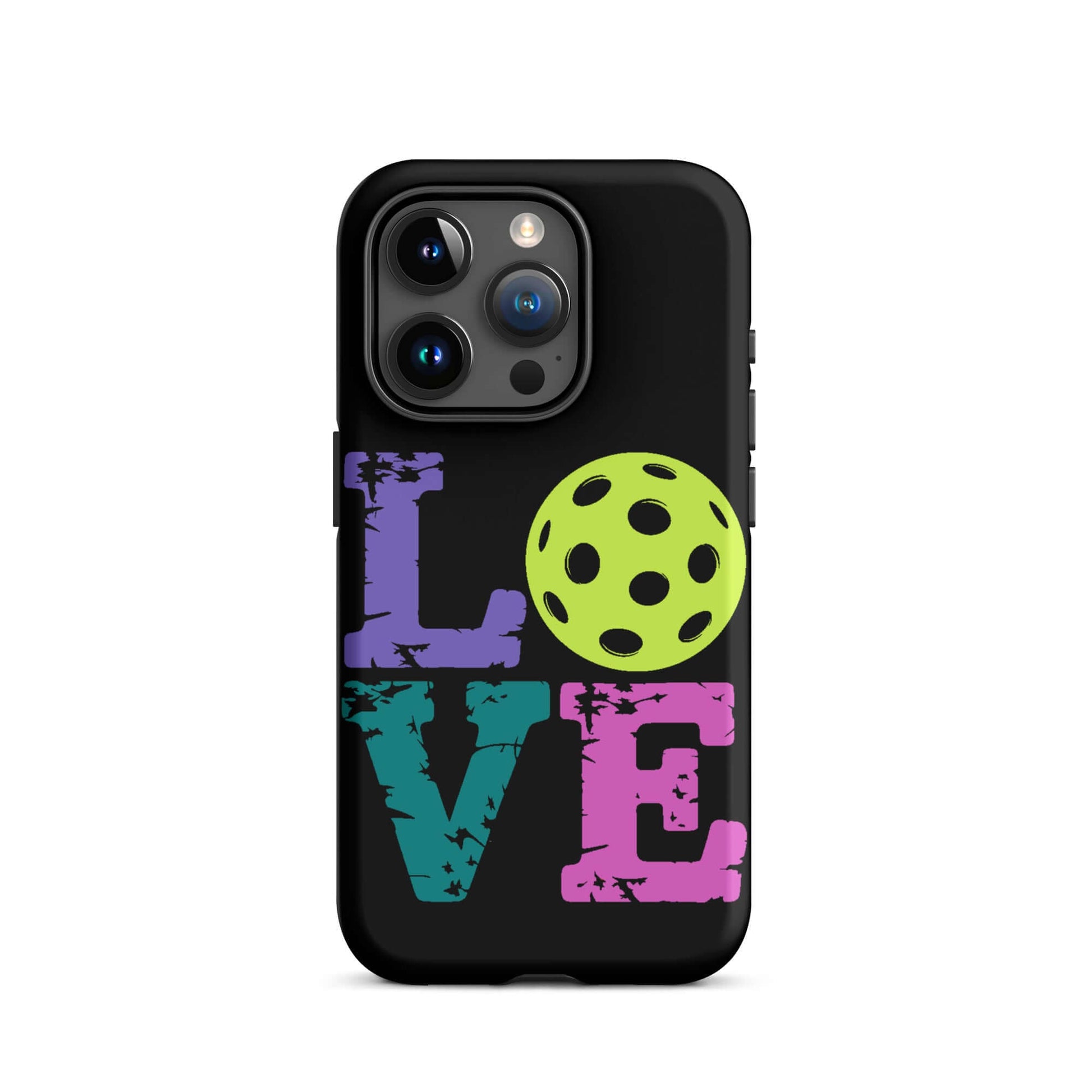 LOVE Pickleball Tough Case for iPhone® with colorful text and a pickleball design.