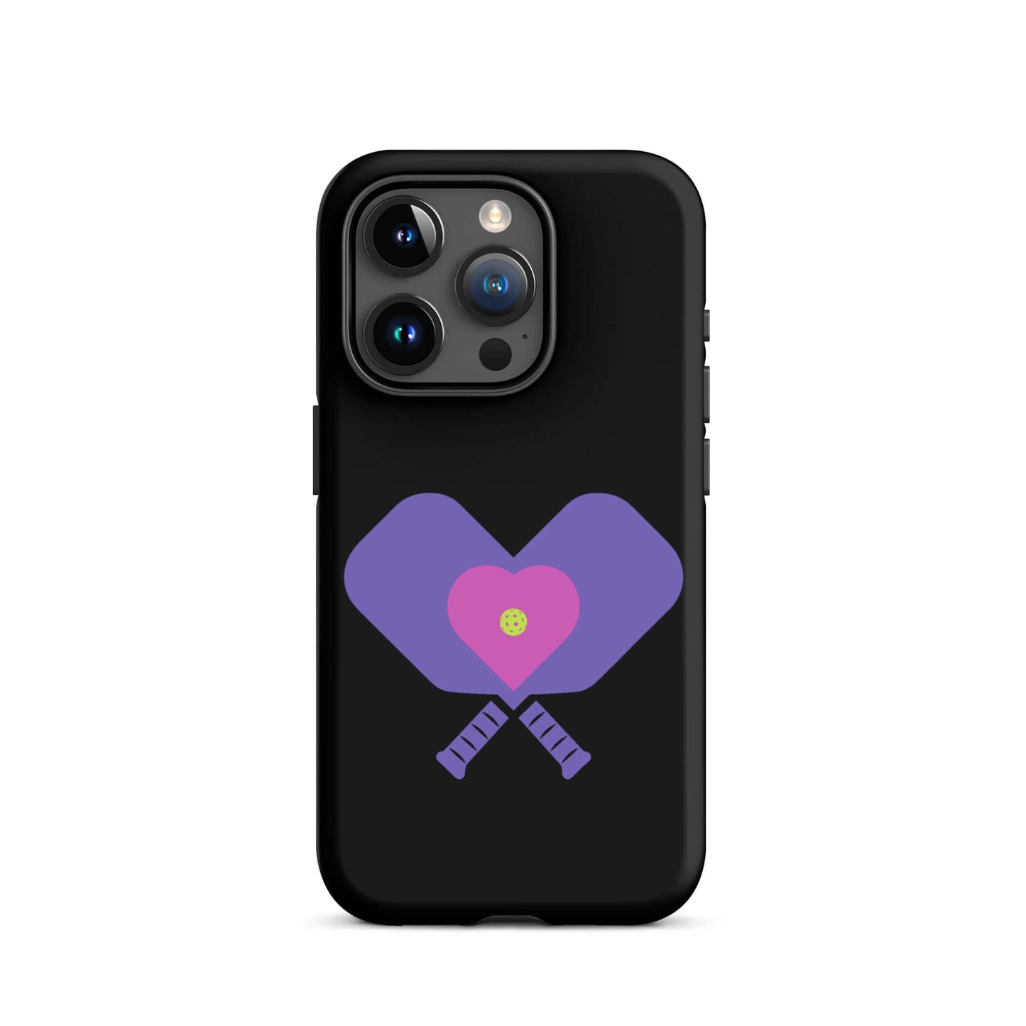 LOVE Pickleball Tough Case for iPhone® featuring heart-shaped paddles and a pickleball design.