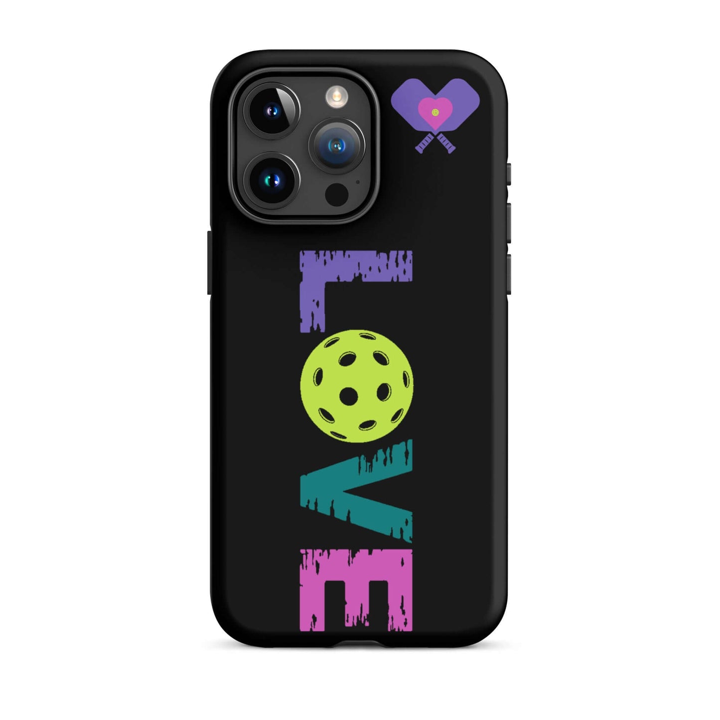 LOVE Pickleball Tough Case for iPhone® featuring vibrant colors and a unique pickleball design.