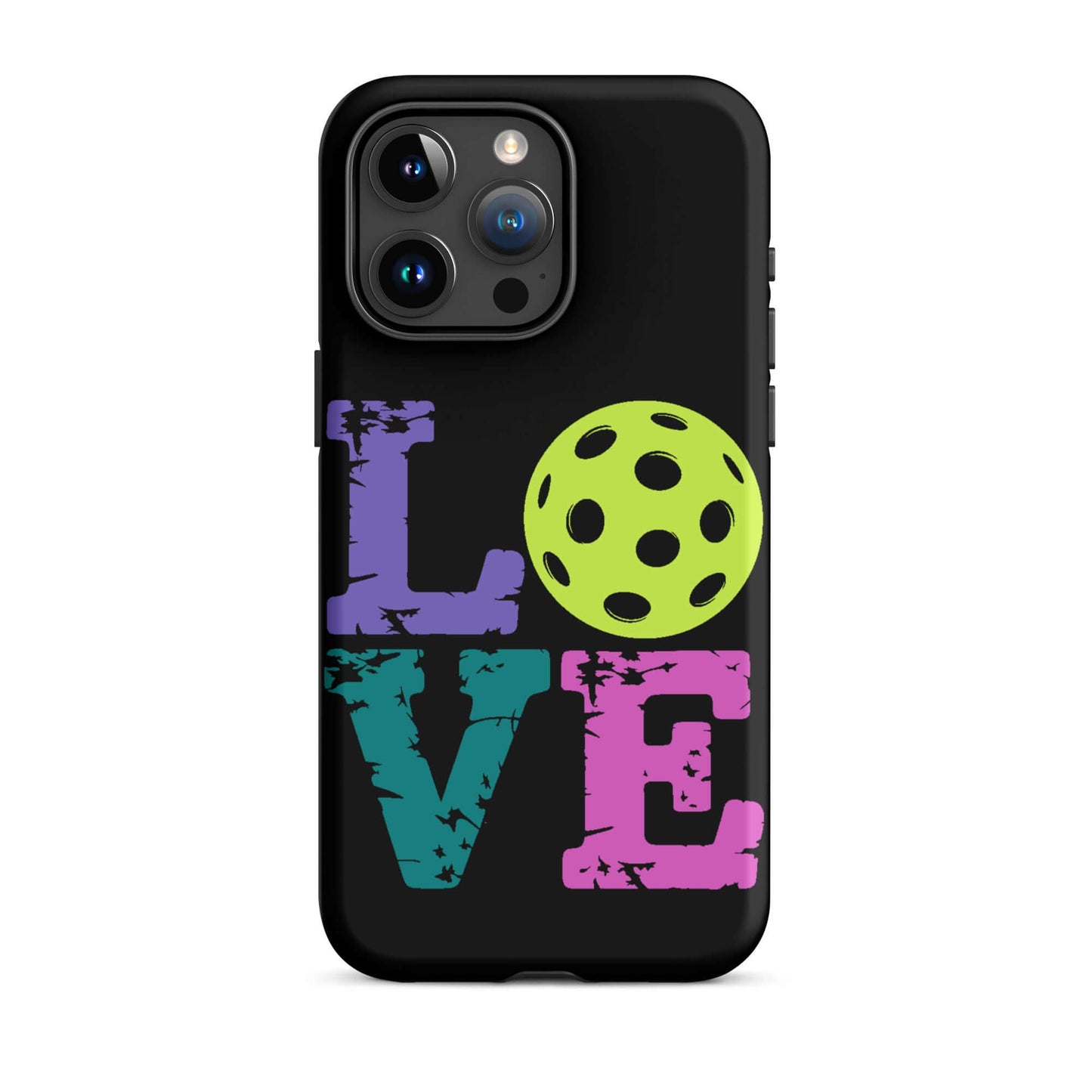 LOVE Pickleball Tough Case for iPhone® featuring vibrant colors and pickleball design.