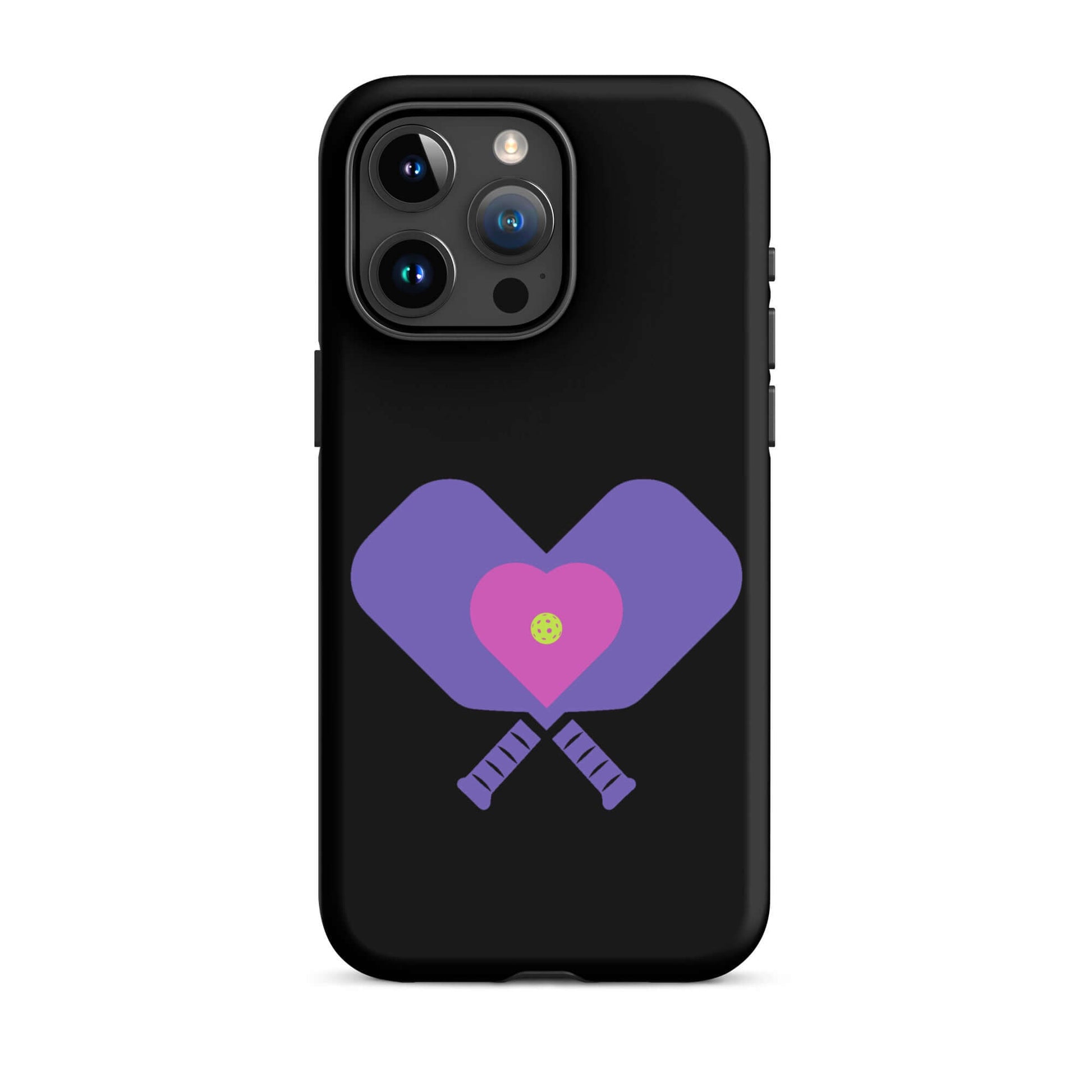 LOVE Pickleball Tough Case for iPhone® featuring heart-shaped paddles on a sleek black design.