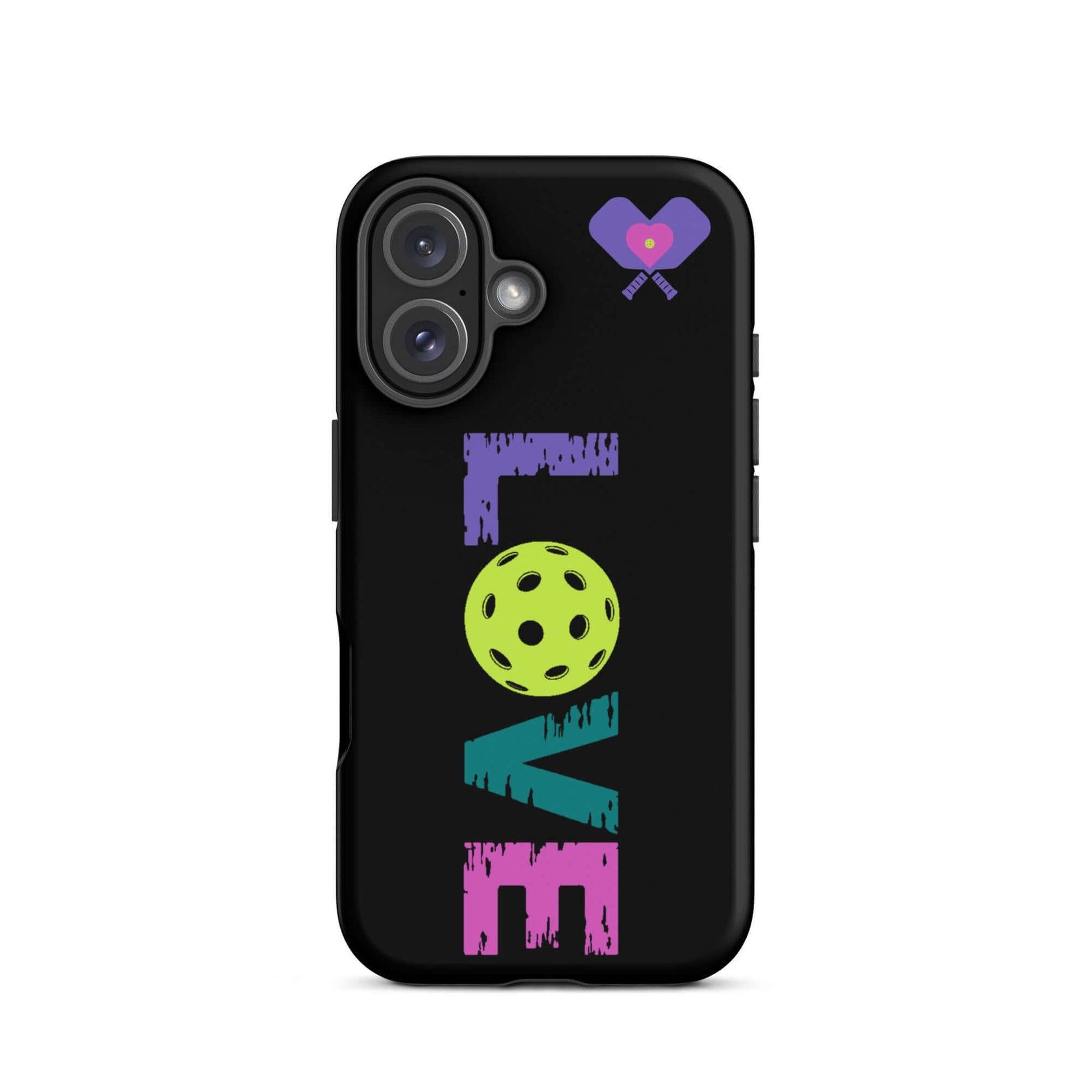 LOVE Pickleball Tough Case for iPhone® featuring vibrant colors and a pickleball graphic on a sleek black background.