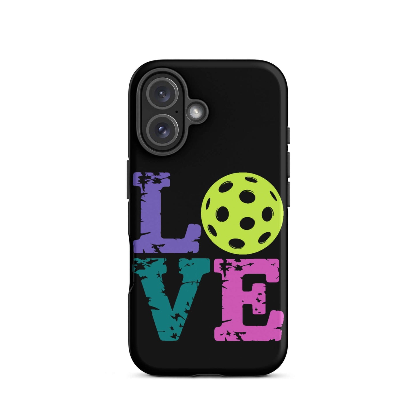 LOVE Pickleball Tough Case for iPhone® featuring colorful design and a pickleball graphic on a black background.