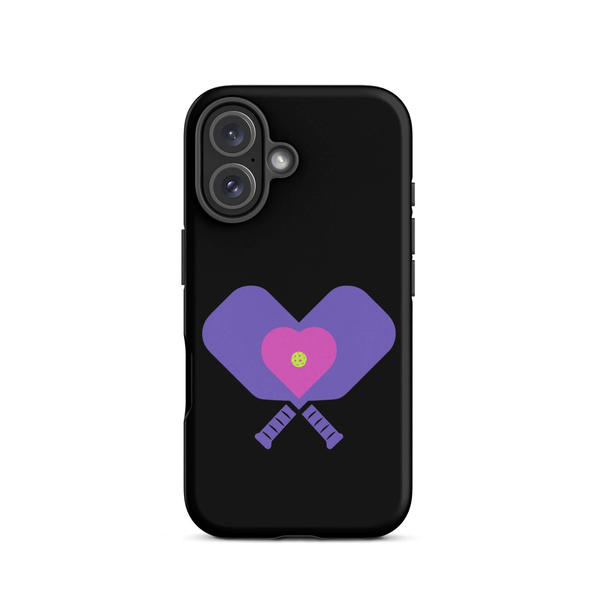 LOVE Pickleball Tough Case for iPhone® featuring crossed paddles and heart design, perfect for pickleball enthusiasts.