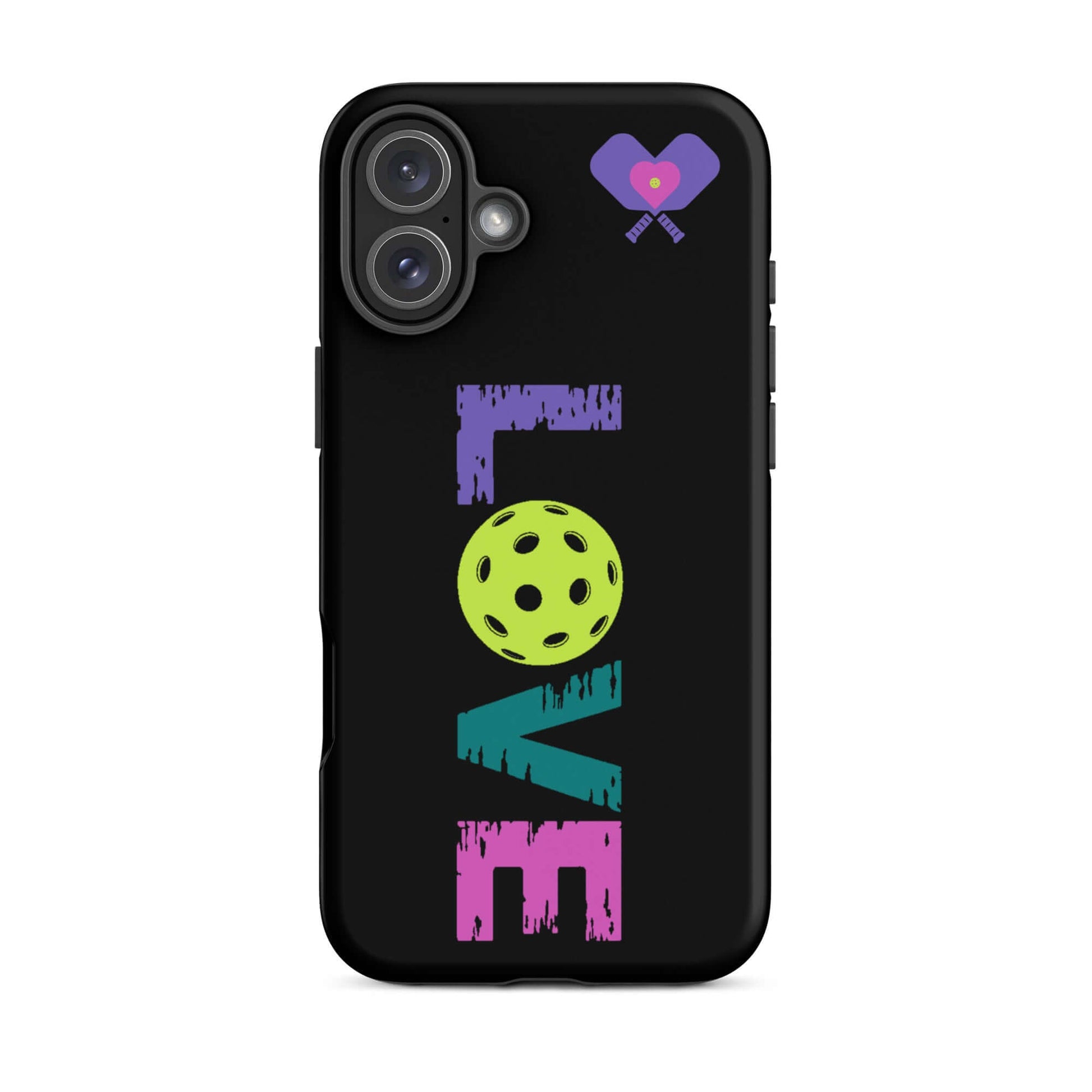 LOVE Pickleball Tough Case for iPhone® featuring colorful lettering and a pickleball graphic on a sleek black background.