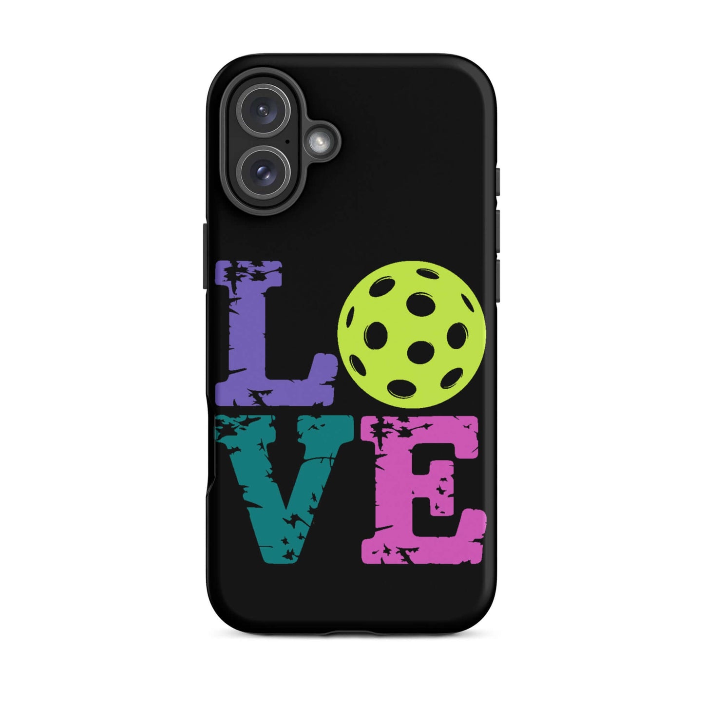 LOVE Pickleball Tough Case for iPhone® featuring colorful letters and a bright green pickleball design.