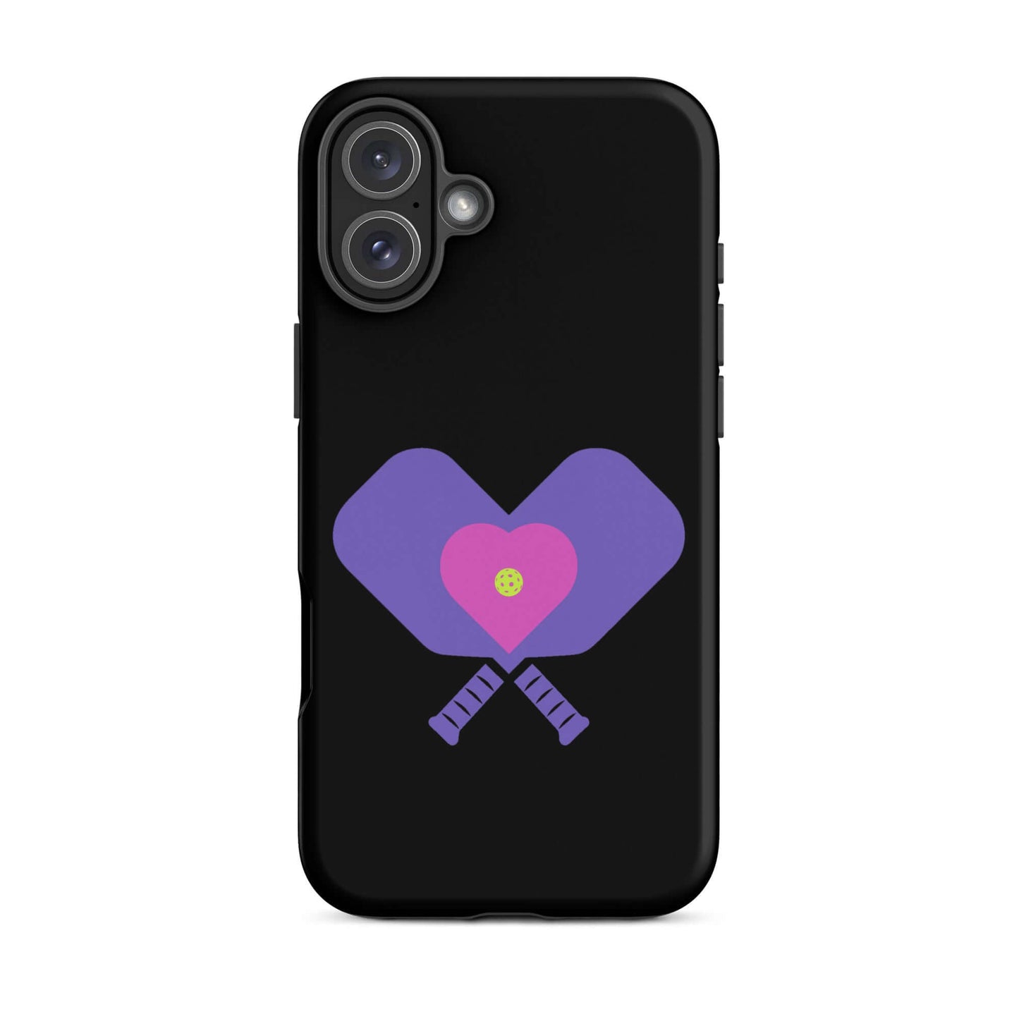 LOVE Pickleball Tough Case for iPhone® featuring heart-shaped paddles on a black background.