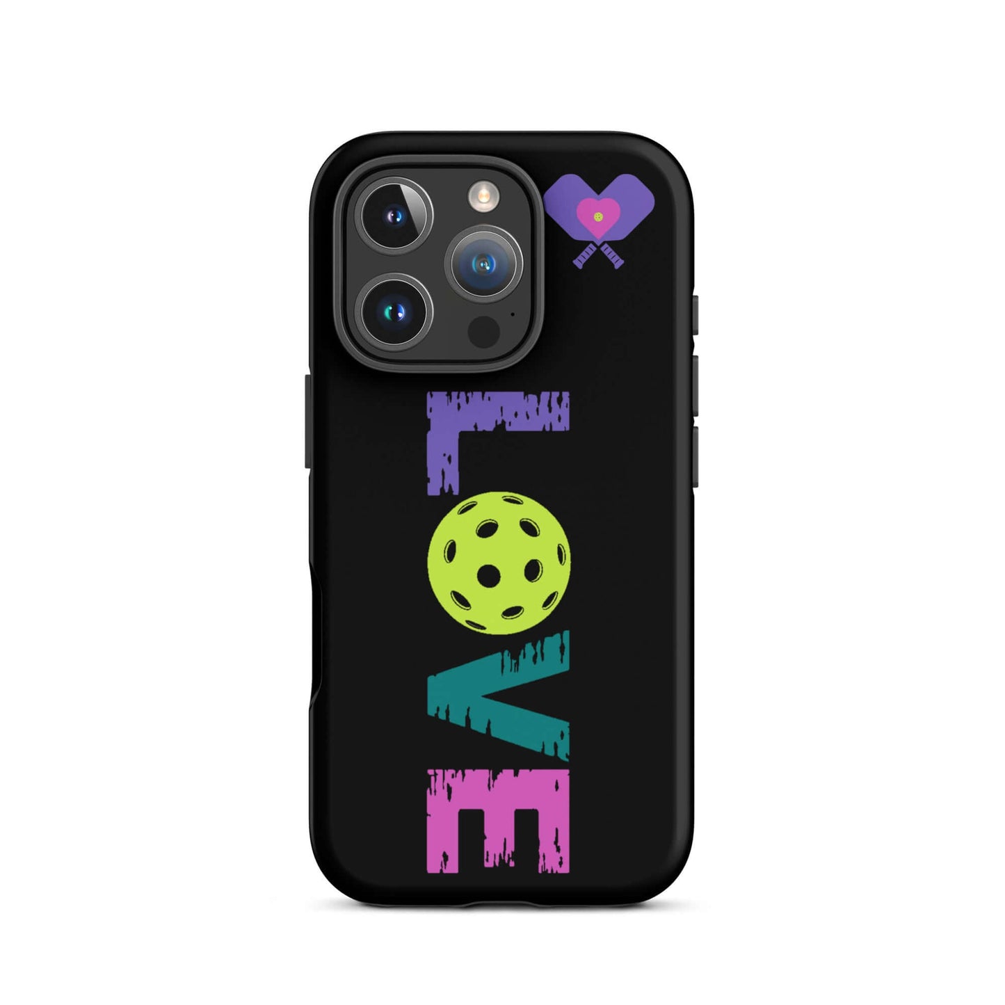 LOVE Pickleball Tough Case for iPhone® featuring colorful lettering and a pickleball design.