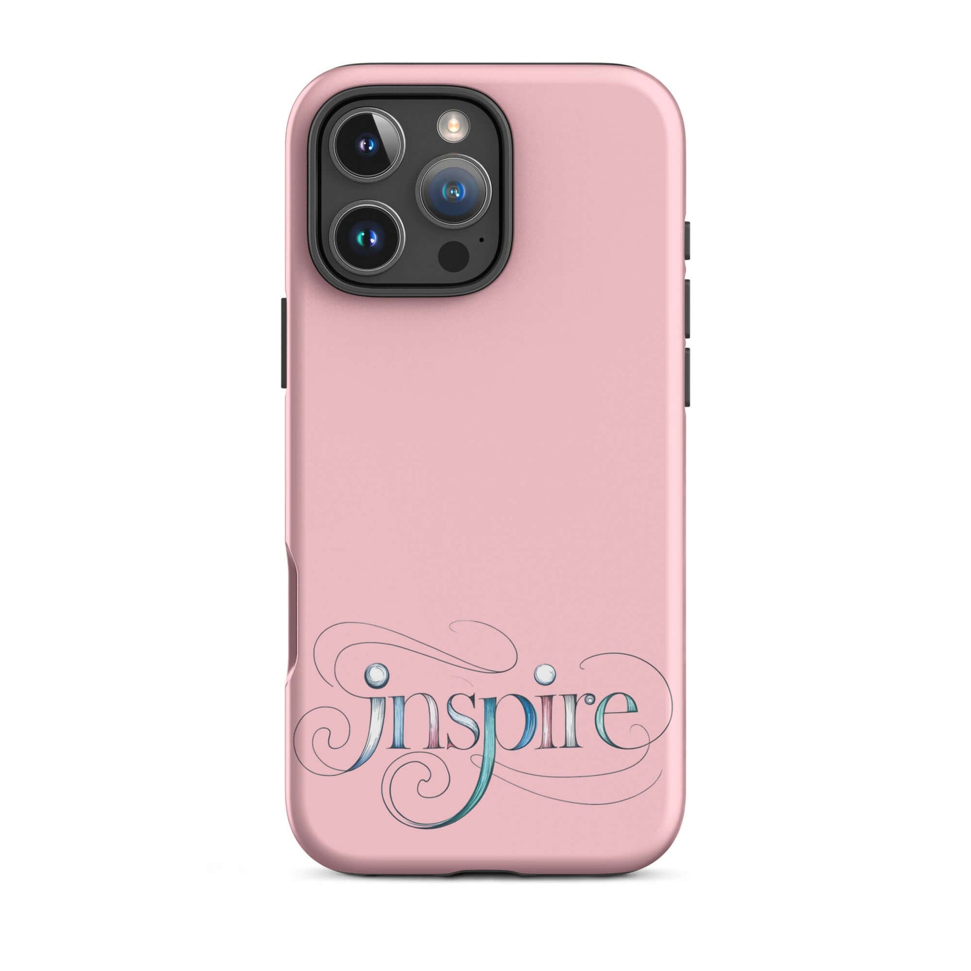 Inspire Sketch Tough Case for iPhone® featuring elegant word art design in pink with intricate swirls.