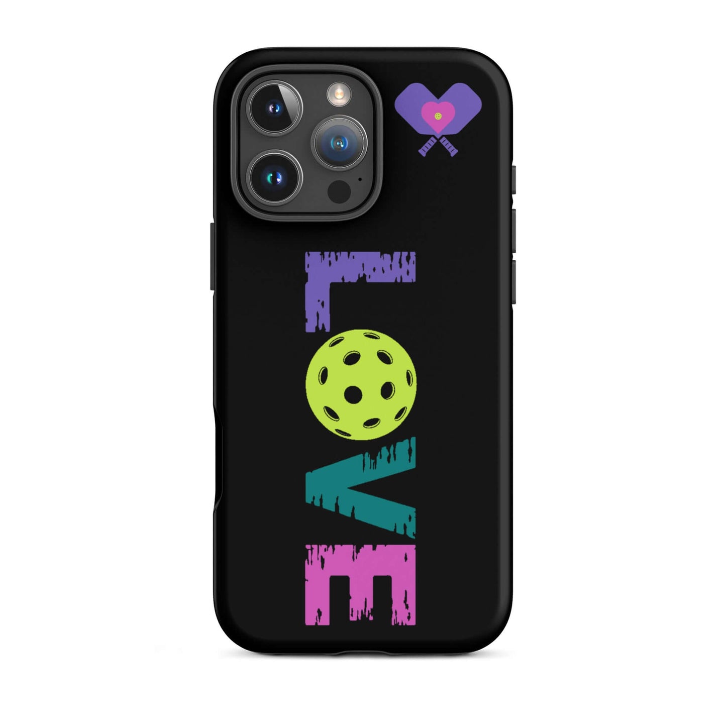 LOVE Pickleball Tough Case for iPhone® featuring colorful design and pickleball graphic, perfect for players and fans.