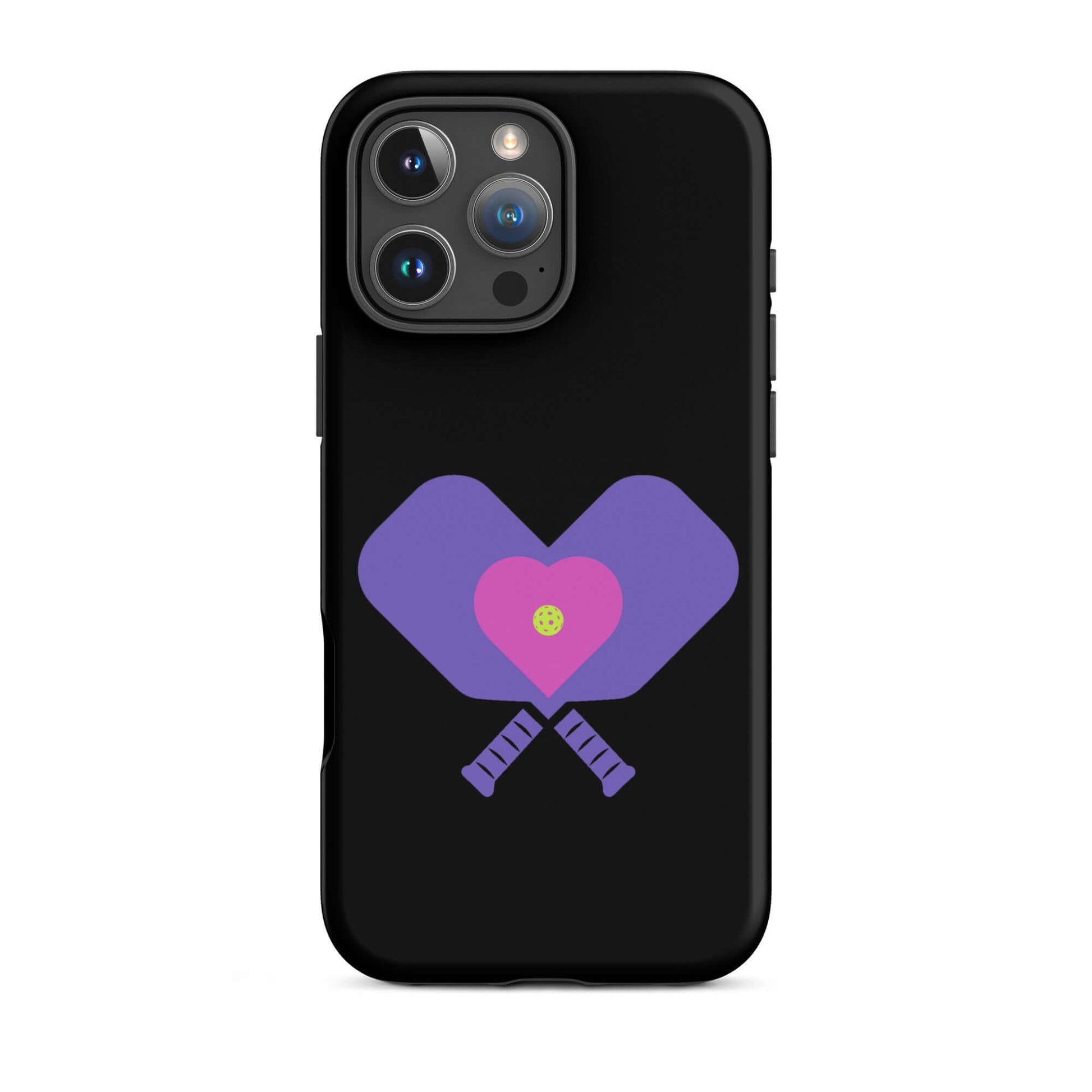 LOVE Pickleball Tough Case for iPhone® featuring heart-shaped paddles on a black background.