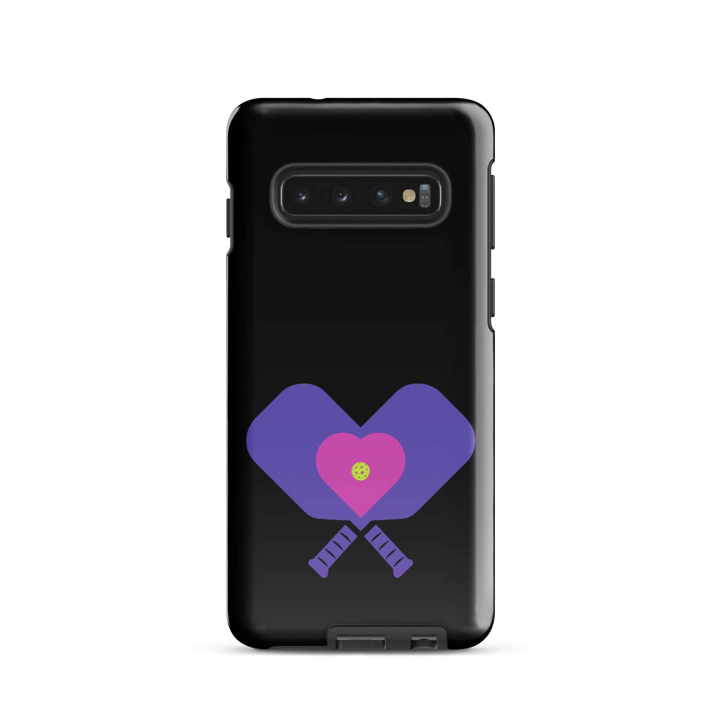 LOVE Pickleball Tough Case for Samsung®, featuring heart-shaped paddles on a black background.