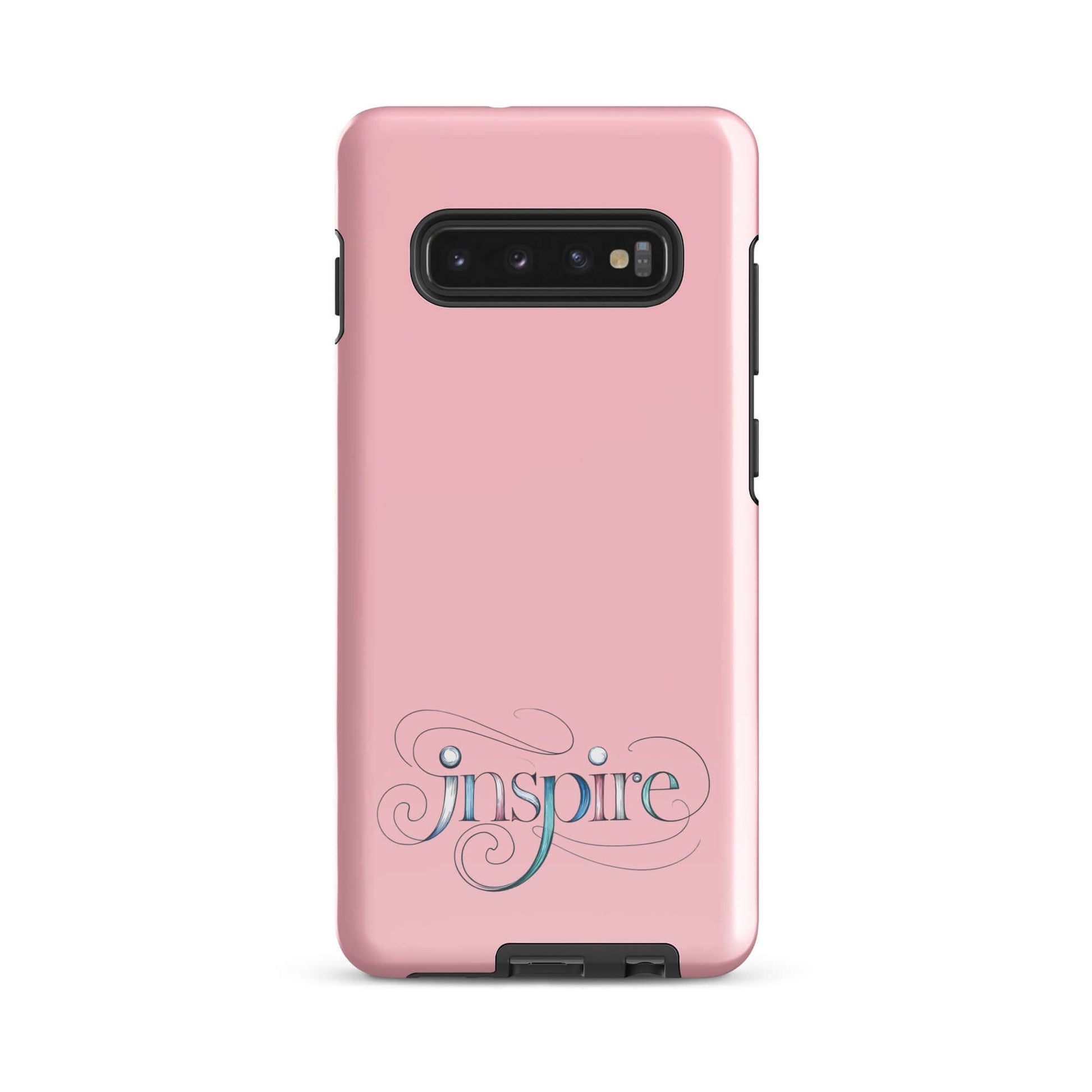 Inspire Sketch Tough Case for Samsung with elegant word art design on a pink background.