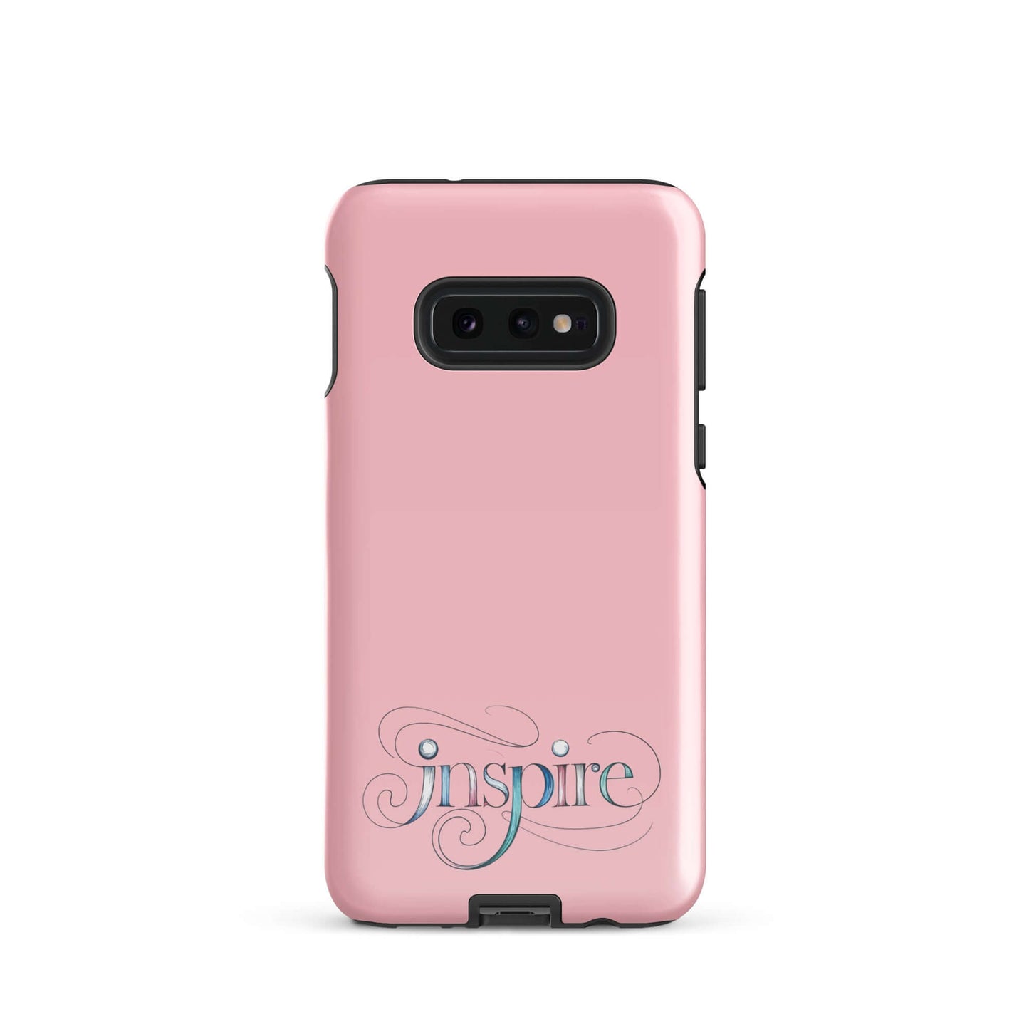 Inspire Sketch Tough Case for Samsung with elegant word art design on a pink background.