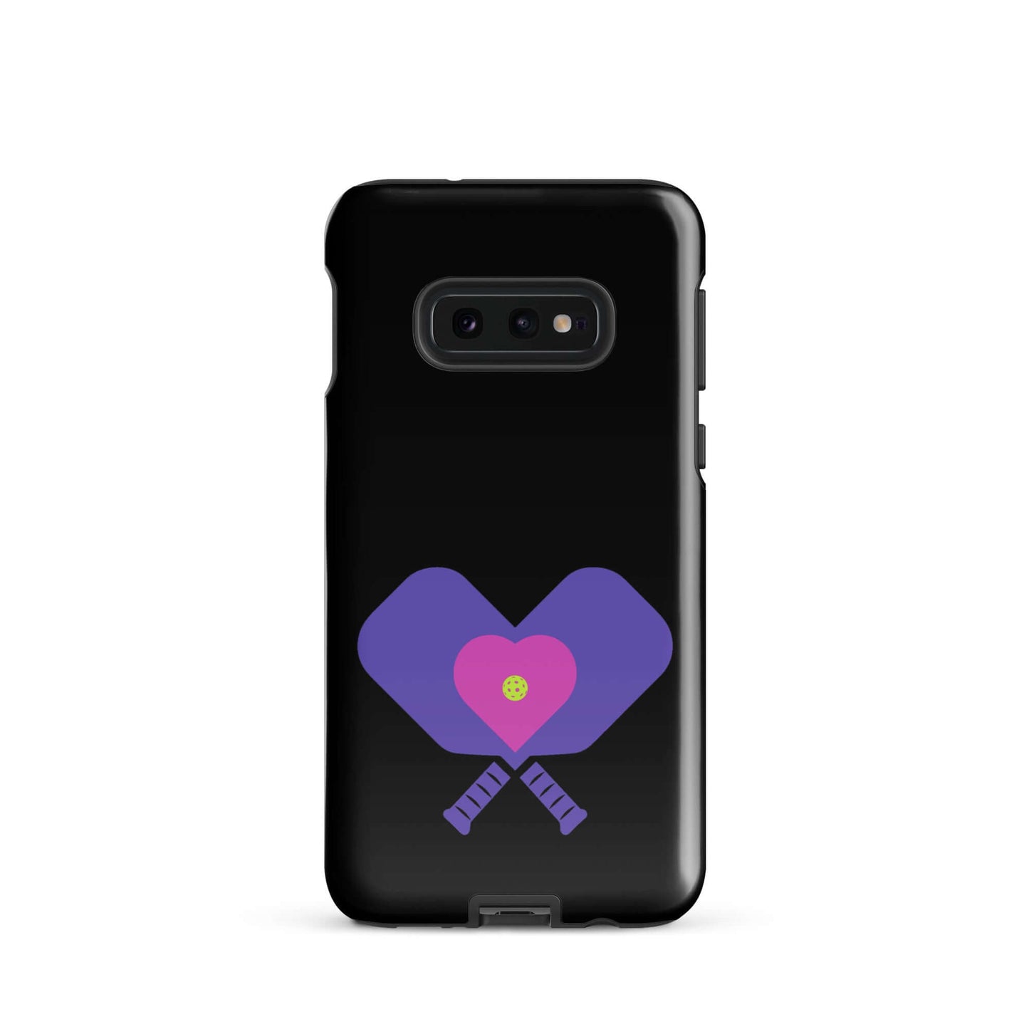 LOVE Pickleball Tough Case for Samsung® featuring heart and paddles design on a black background.