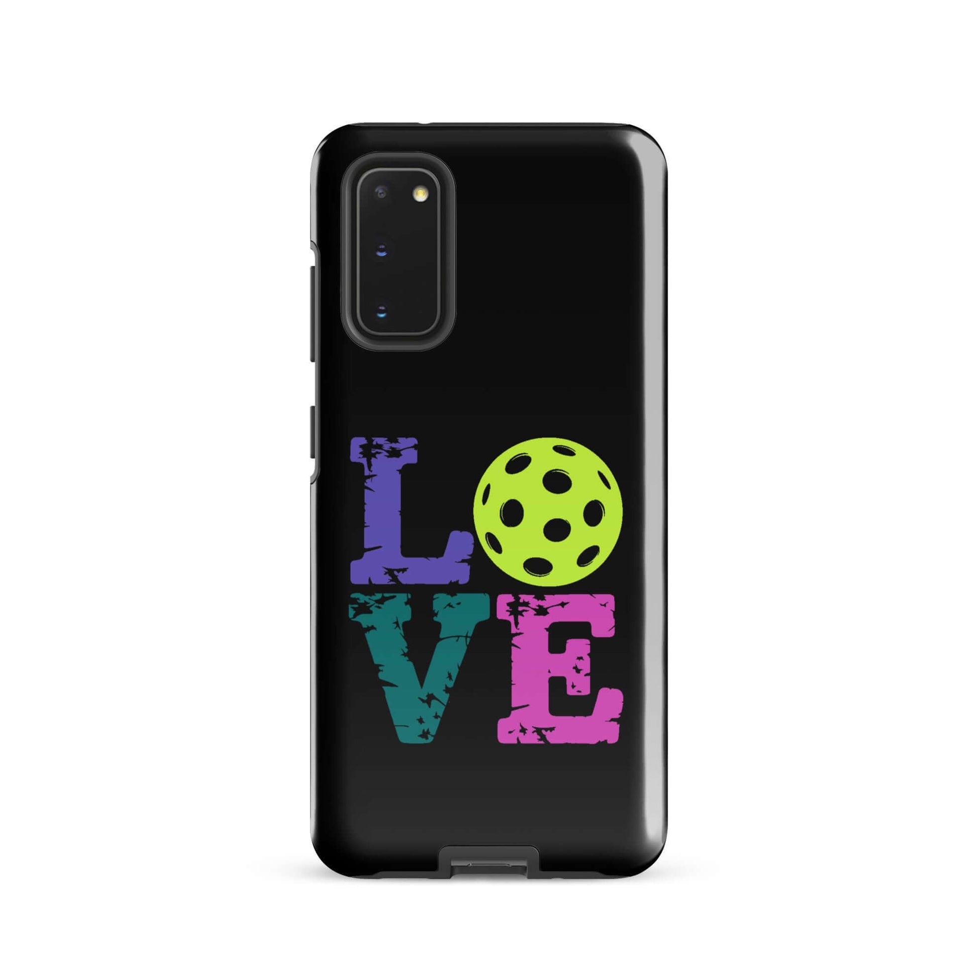 LOVE Pickleball Tough Case for Samsung® featuring colorful text and pickleball graphic on a black background.