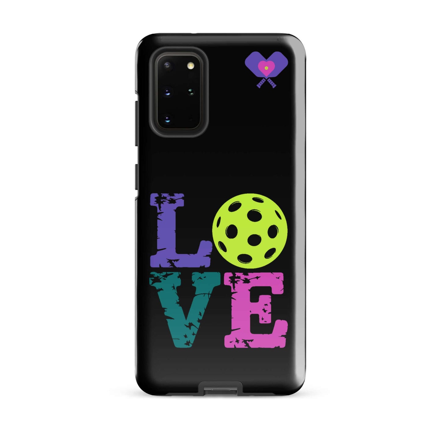 Stylish women’s LOVE pickleball tough case for Samsung featuring vibrant colors and a playful design.