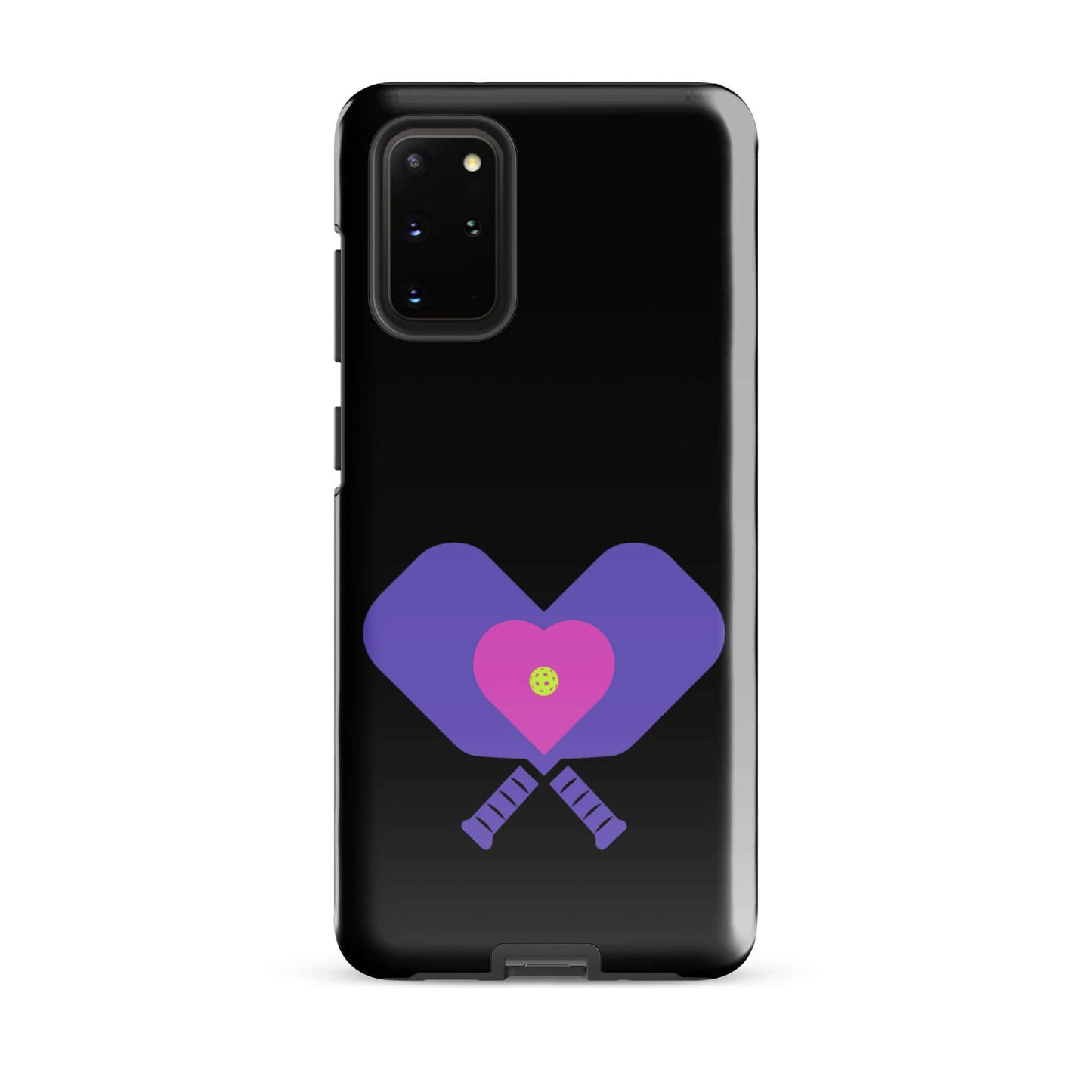 LOVE Pickleball Tough Case for Samsung® featuring paddles and heart design on a black background.