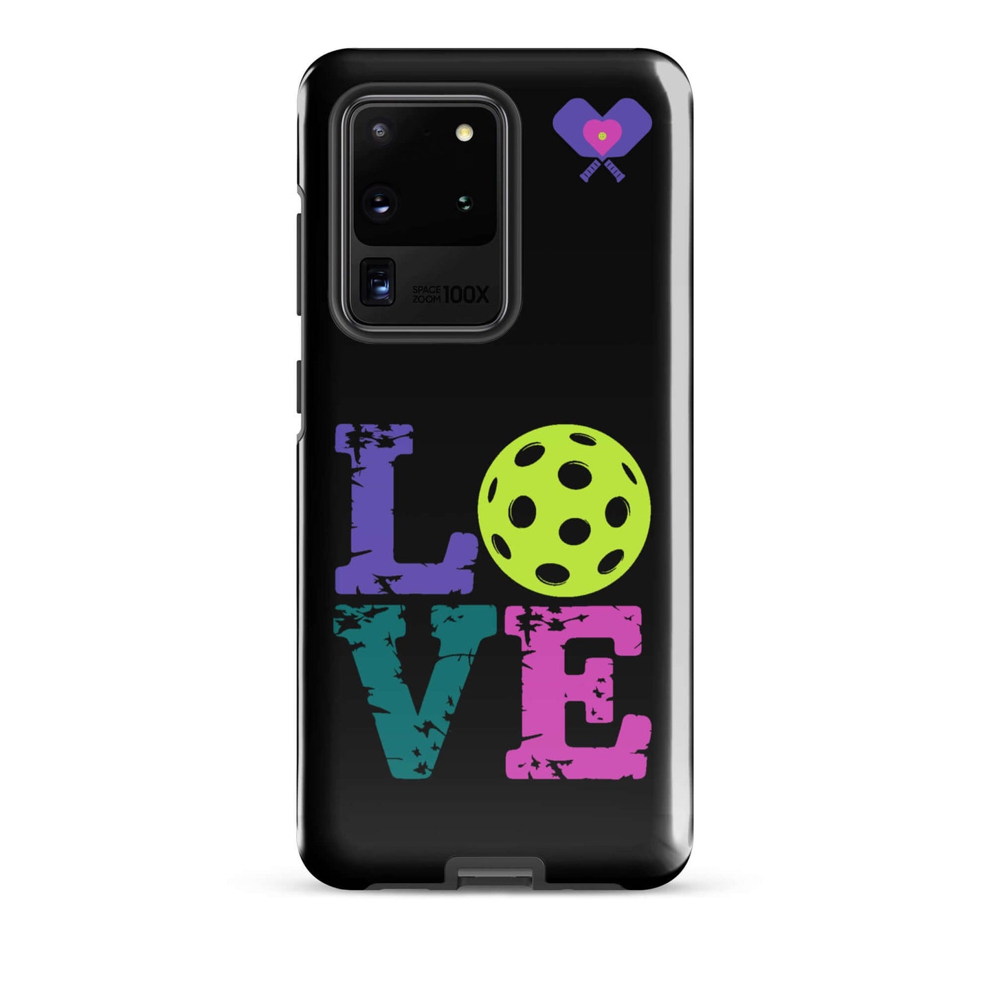 Women’s LOVE Pickleball Tough Case for Samsung® showcasing love for pickleball with vibrant colors and heart design.