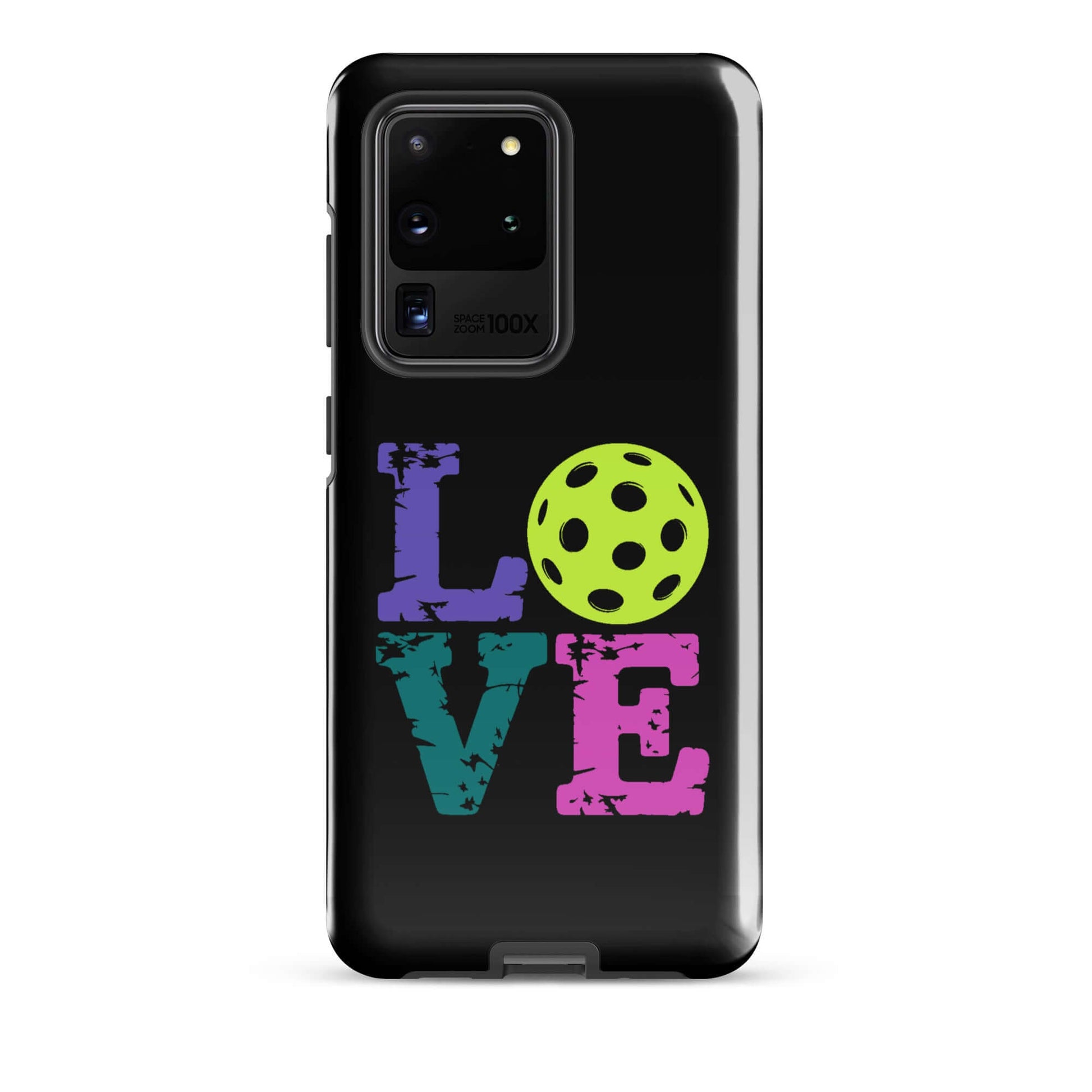 LOVE Pickleball Tough Case for Samsung® with colorful letters and pickleball graphic.