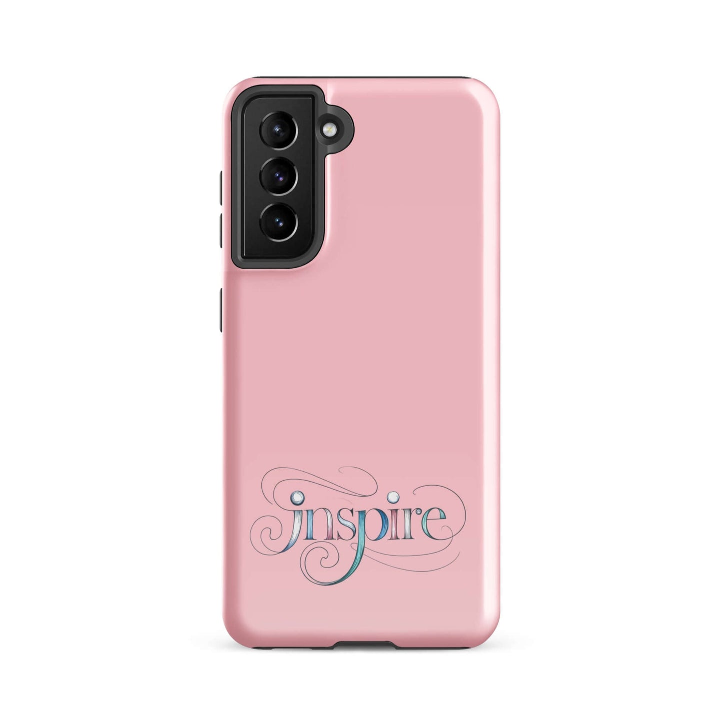 Inspire Sketch Tough Case for Samsung® featuring elegant word art design on a pink background.