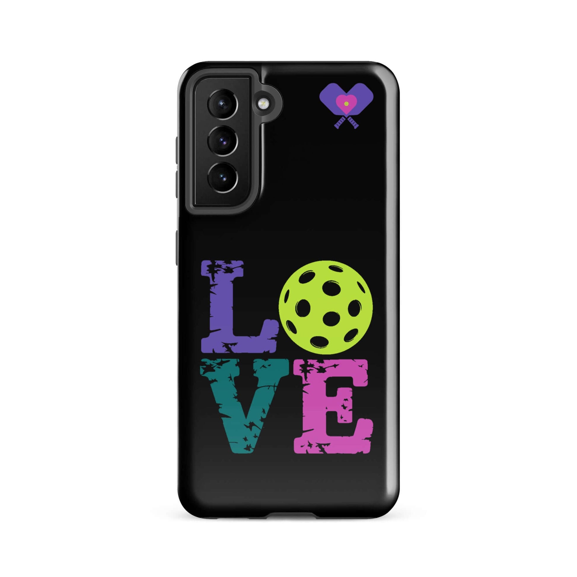 Women’s LOVE Pickleball Tough Case for Samsung® with colorful text and pickleball graphic.