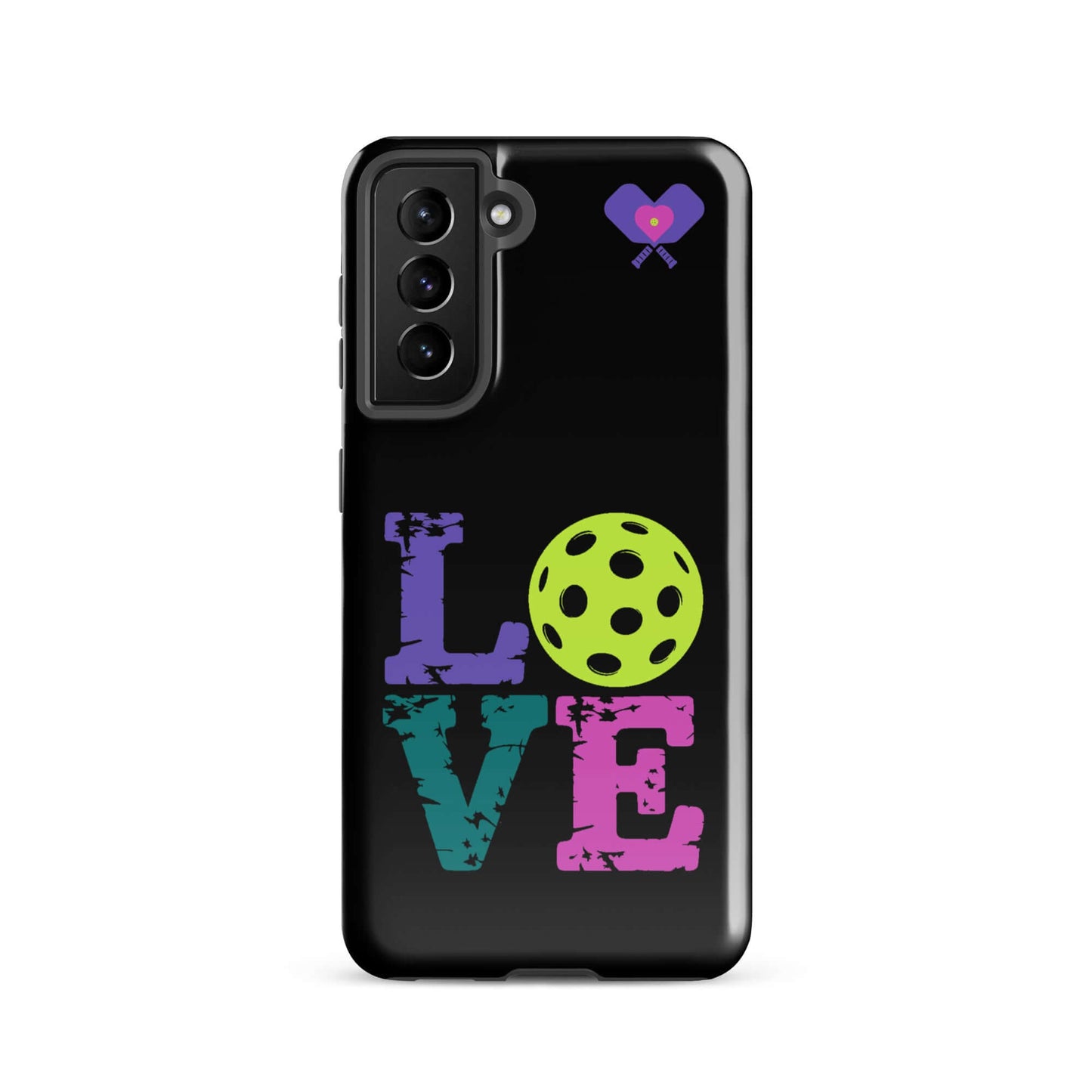 Women’s LOVE Pickleball Tough Case for Samsung with colorful lettering and pickleball design.